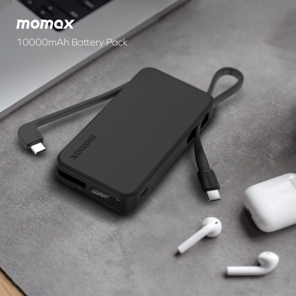 بطارية متنقلة Momax 1-Power Vital بسعة 10000mAh مع كيبل USB-C مدمج مزدوج | أسود