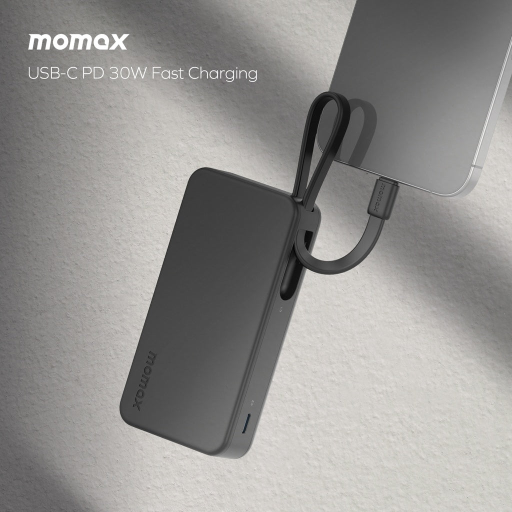 بطارية متنقلة Momax 1-Power Vital بسعة 10000mAh مع كيبل USB-C مدمج مزدوج | أسود