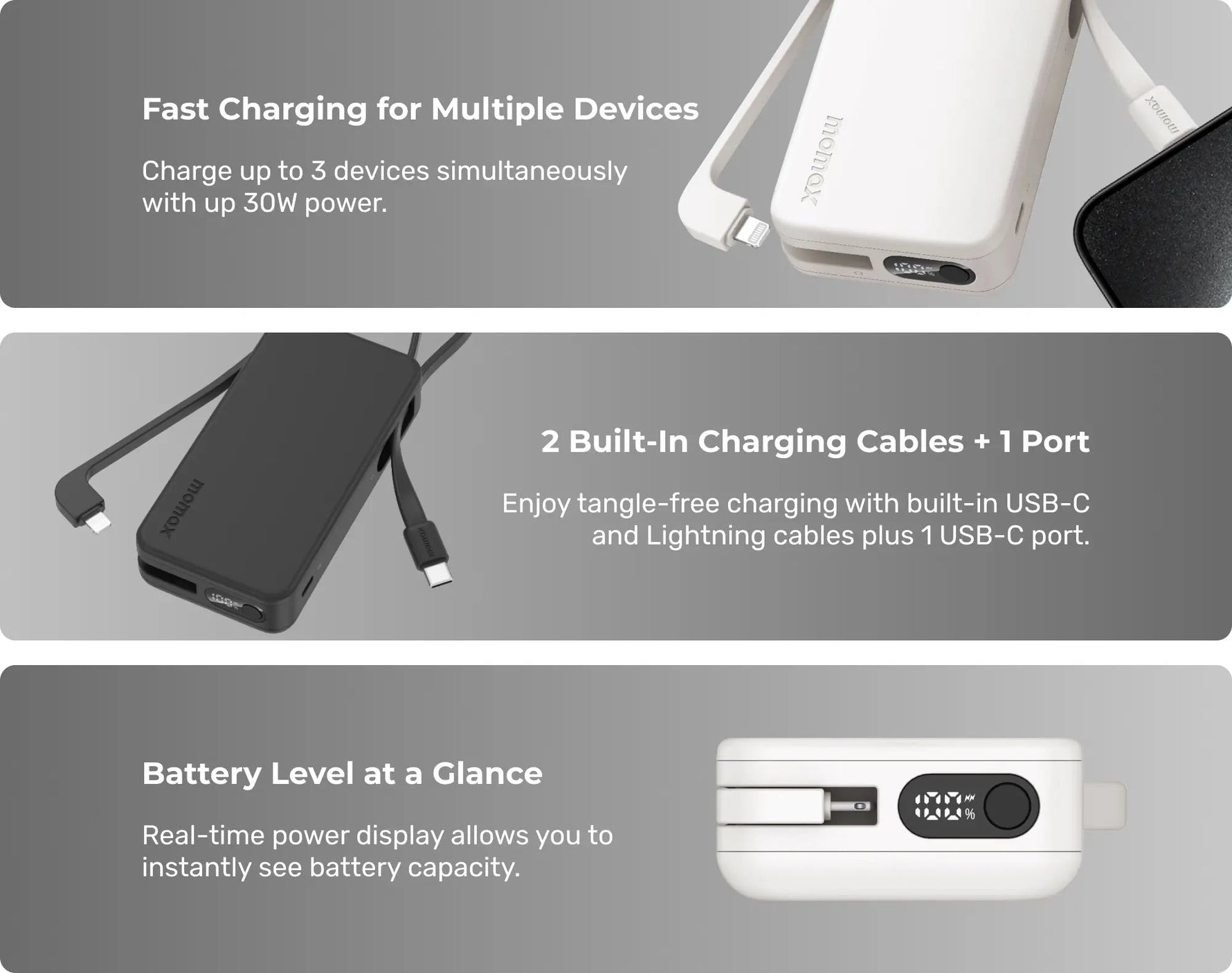 بطارية متنقلة Momax 1-Power Vital بسعة 10000 مللي أمبير مع كابلين مدمجين USB-C و Lightning | أسود

