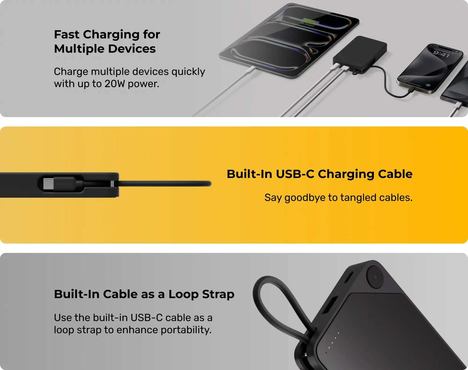 بطارية متنقلة 1-Power X من موماكس 10000 مللي أمبير مع كيبل USB-C مدمج