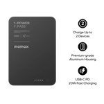 باور بانك Momax 1-Power F.Pass بسعة 5000 مللي أمبير، مع كابل مدمج وموصل مغناطيسي، نحيف للغاية | أسود