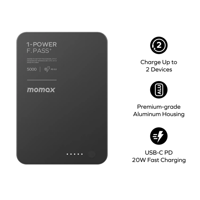 باور بانك Momax 1-Power F.Pass بسعة 5000 مللي أمبير، مع كابل مدمج وموصل مغناطيسي، نحيف للغاية | أسود