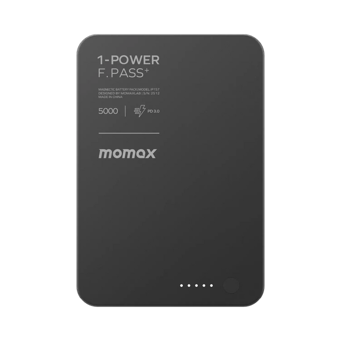 باور بانك Momax 1-Power F.Pass بسعة 5000 مللي أمبير، مع كابل مدمج وموصل مغناطيسي، نحيف للغاية | أسود