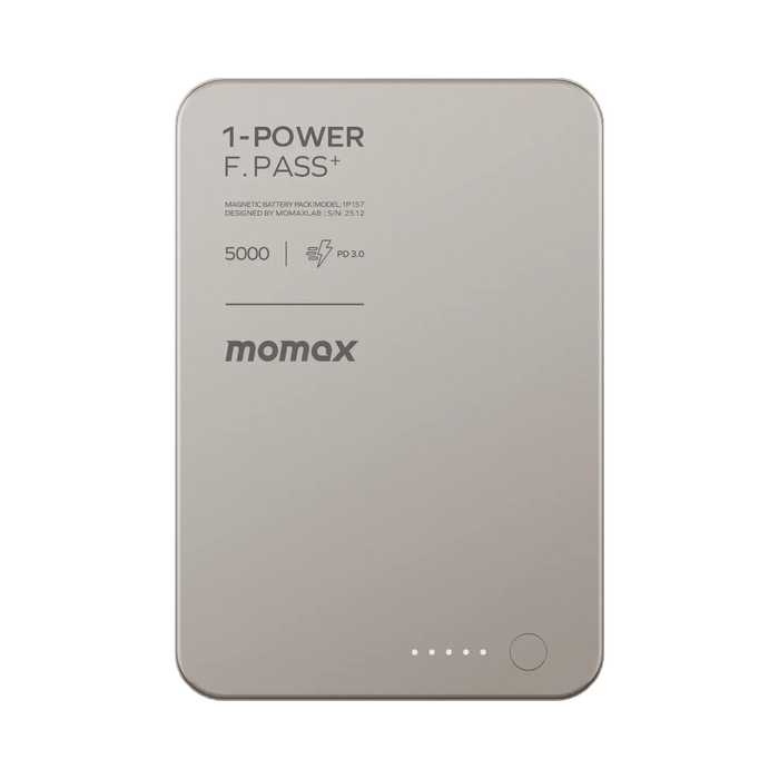 باور بانك Momax 1-Power F.Pass بسعة 5000 مللي أمبير، مع كابل مدمج وموصل مغناطيسي، نحيف للغاية | تيتانيوم