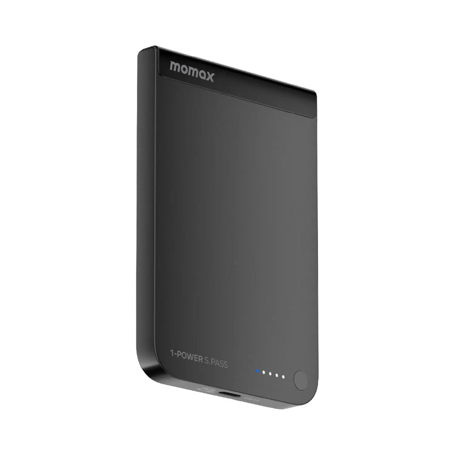 باور بانك Momax 1-Power S.Pass بسعة 5000 مللي أمبير، شحن لاسلكي مغناطيسي Qi2، نحيف للغاية | أسود