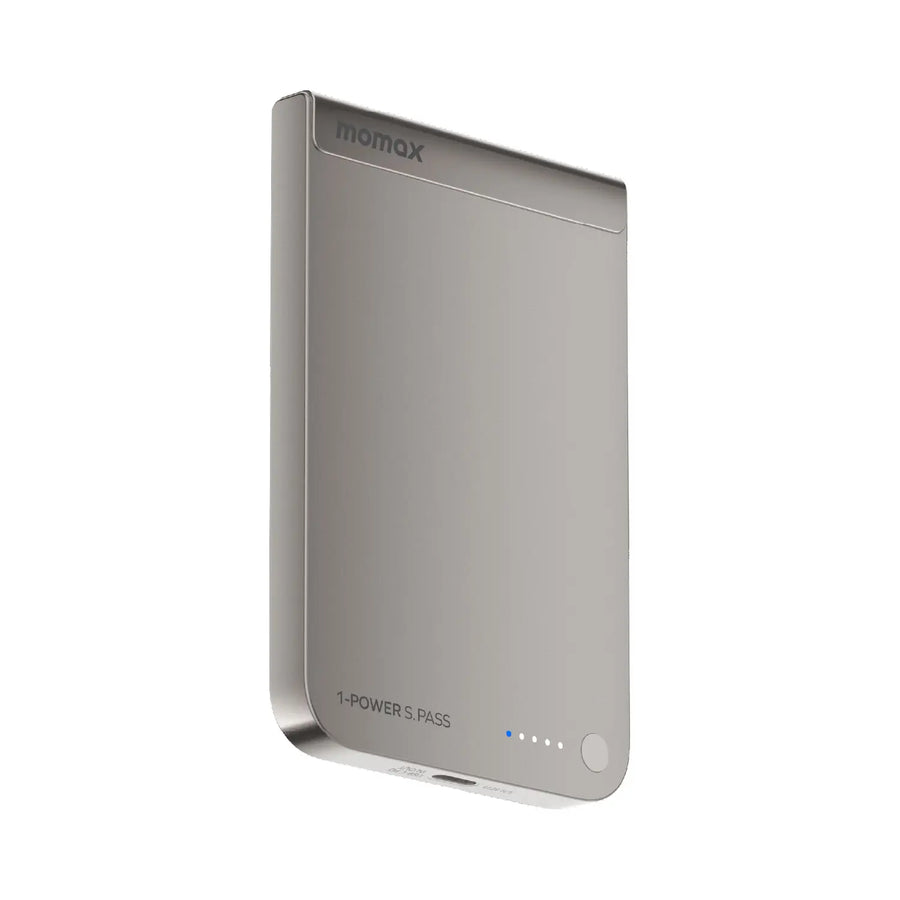 باور بانك Momax 1-Power S.Pass بسعة 5000 مللي أمبير، شحن لاسلكي مغناطيسي Qi2، نحيف للغاية | تيتانيوم