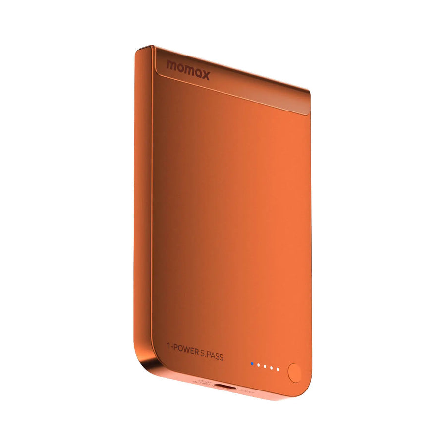 باور بانك Momax 1-Power S.Pass بسعة 5000 مللي أمبير، شحن لاسلكي مغناطيسي Qi2، نحيف للغاية | برتقالي