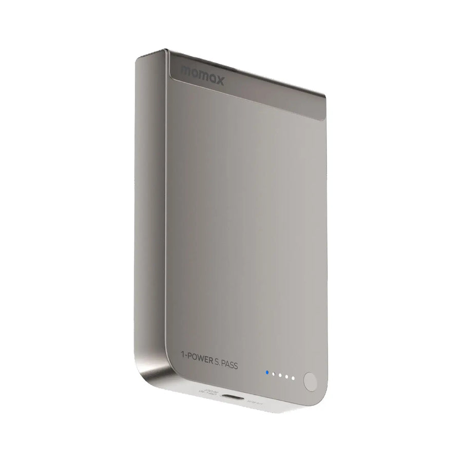 باور بانك Momax 1-Power S.Pass بسعة 10000 مللي أمبير، شحن لاسلكي مغناطيسي Qi2، نحيف للغاية | تيتانيوم