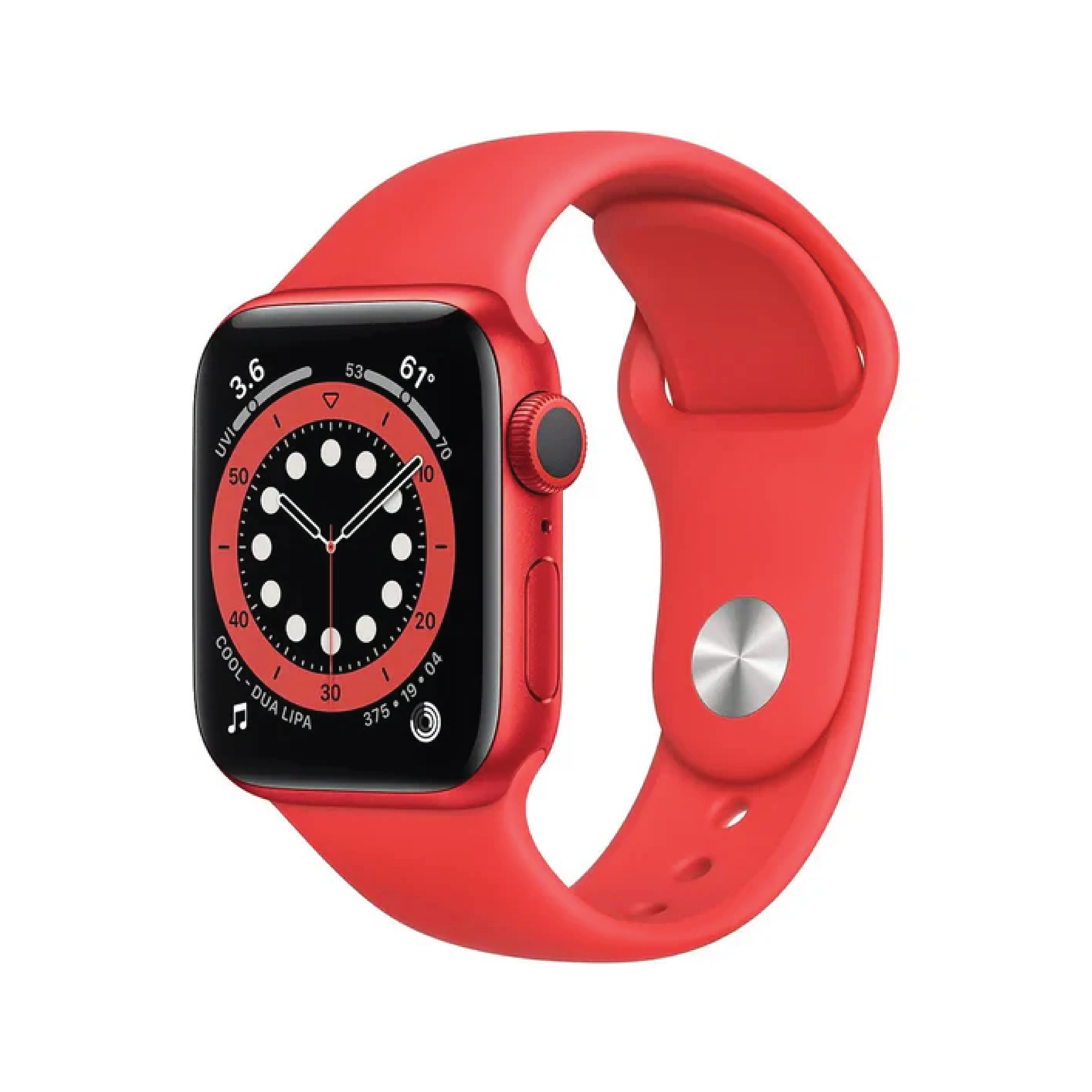 ساعة Apple Watch Series 6 GPS مقاس 40mm بإطار من الألومنيوم لون Product Red وسوار Sport Band بنفس اللون – المقاس العادي.
