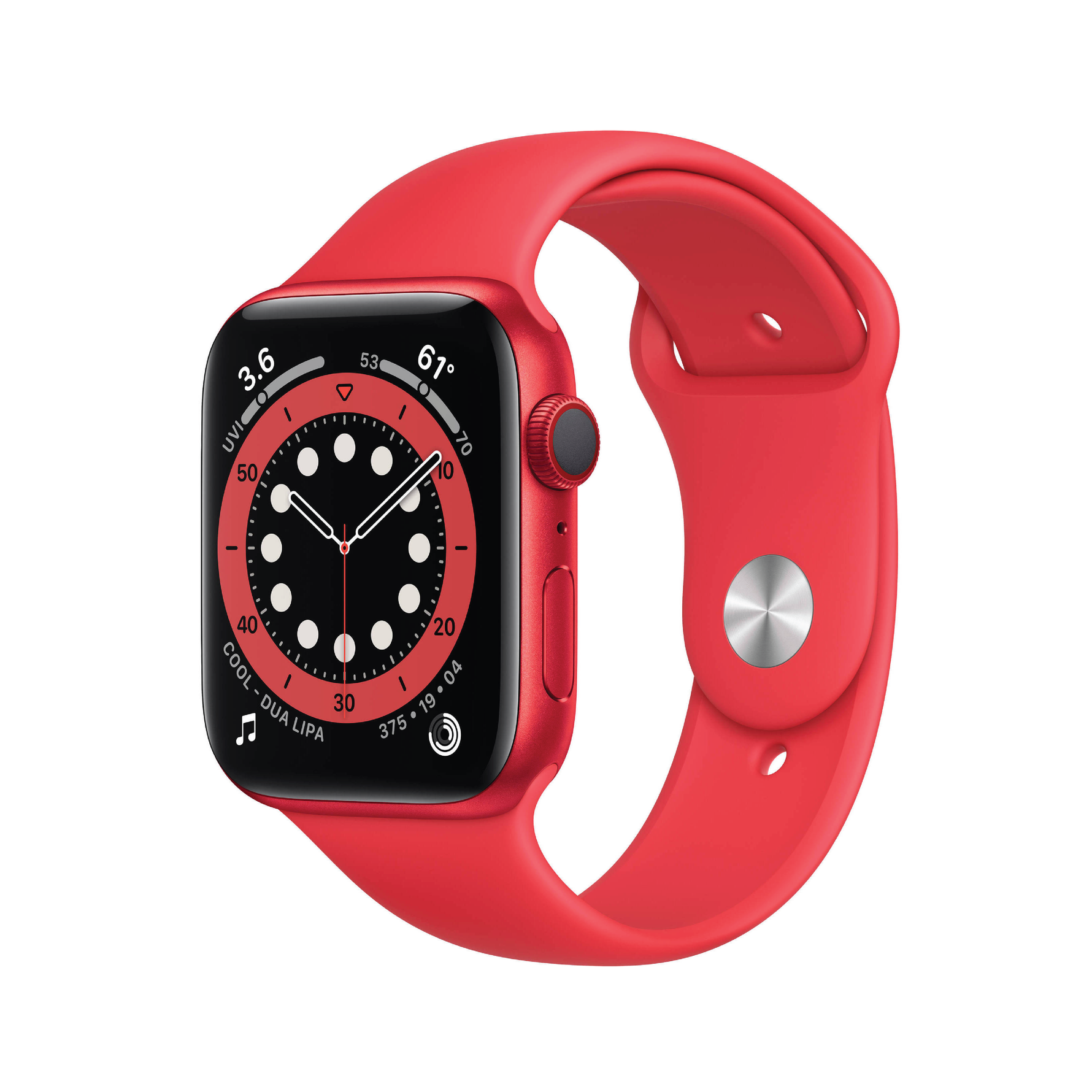 ساعة Apple Watch Series 6 GPS مقاس 44 ملم - بهيكل من الألومنيوم الأحمر مع سوار رياضي أحمر | مقاس عادي (Regular)