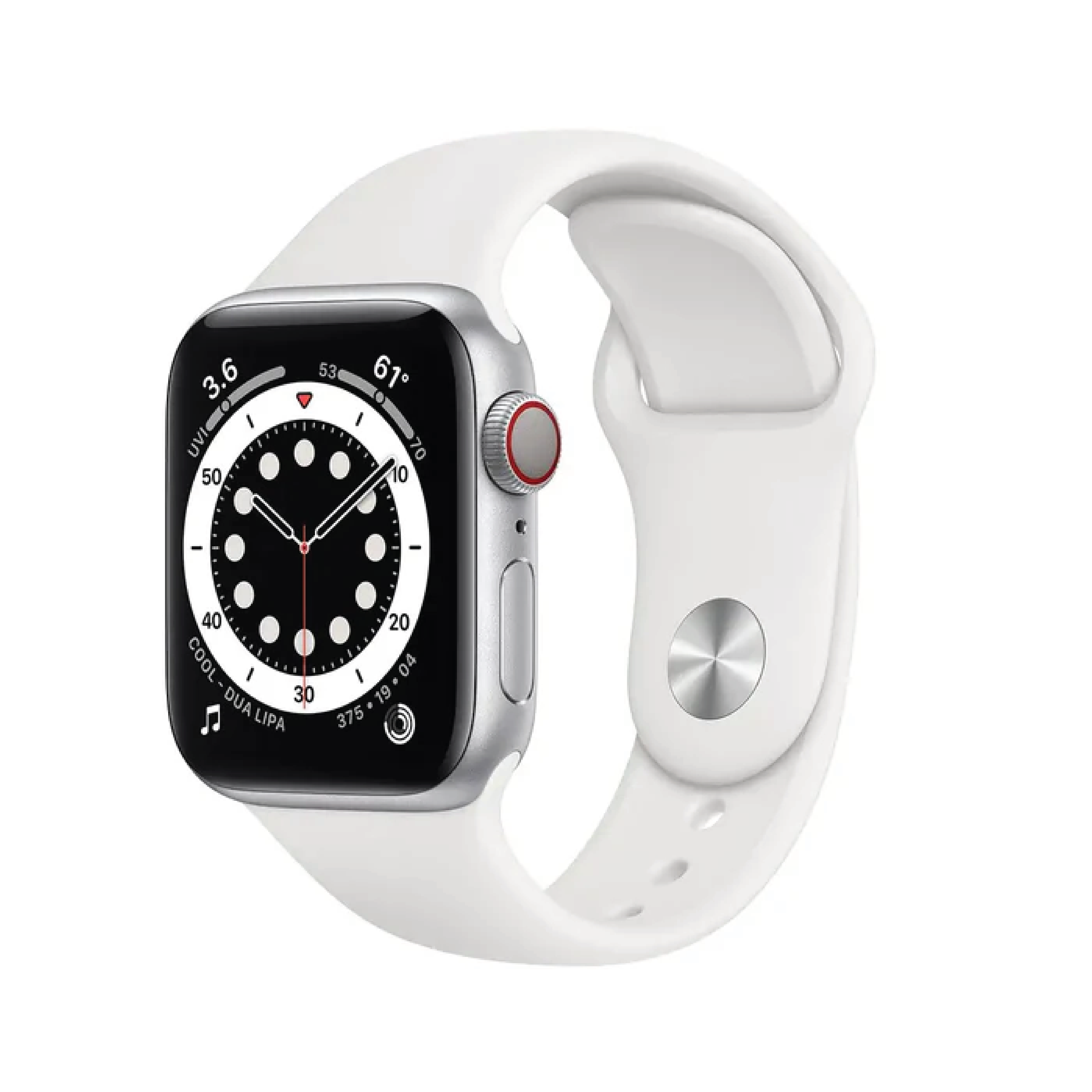 ساعة Apple Watch Series 6 GPS + Cellular مقاس 40mm بإطار من الألومنيوم لون Silver وسوار Sport Band | اللون الأبيض – المقاس العادي.
