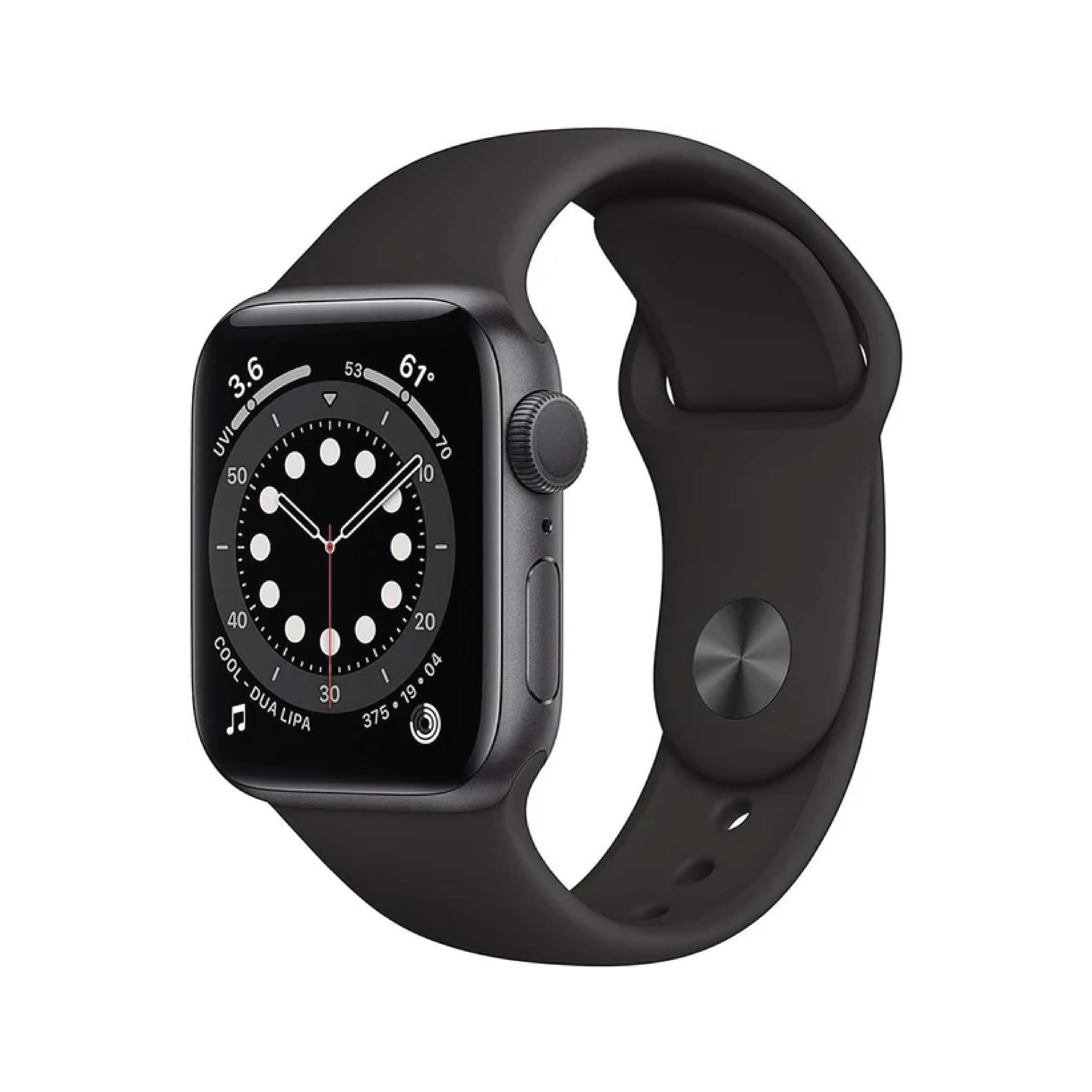 ساعة Apple Watch Series 6 GPS + Cellular مقاس 40mm بإطار من الألومنيوم لون رمادي وسوار Sport Band | اللون الأسود – المقاس العادي.
