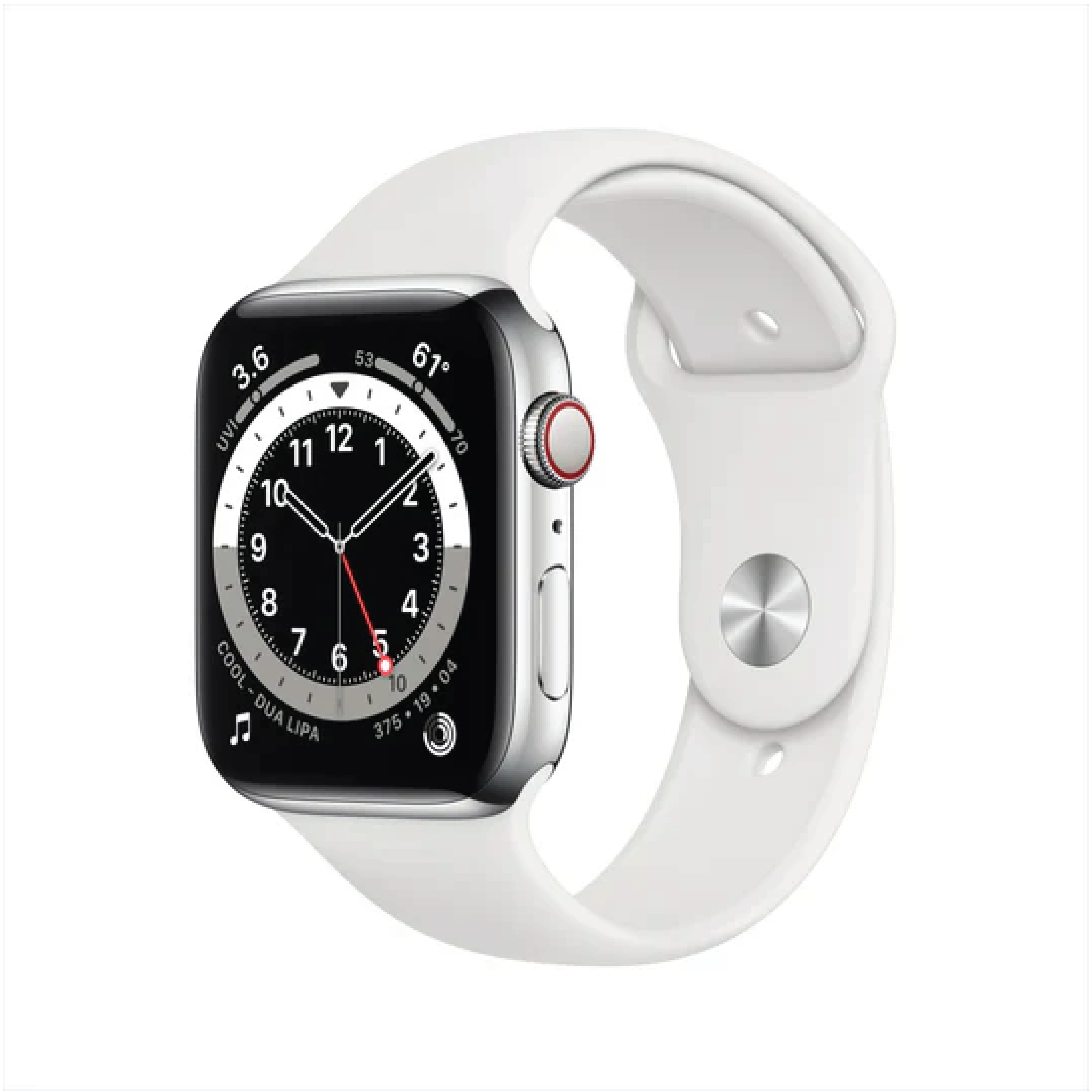 ساعة Apple Watch Series 6 GPS + Cellular مقاس 44mm بإطار من الفولاذ المقاوم للصدأ لون Silver وسوار Sport Band | اللون الأبيض – المقاس العادي.
