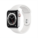 ساعة Apple Watch Series 6 GPS + Cellular مقاس 44mm بإطار من الفولاذ المقاوم للصدأ لون Silver وسوار Sport Band | اللون الأبيض – المقاس العادي.
