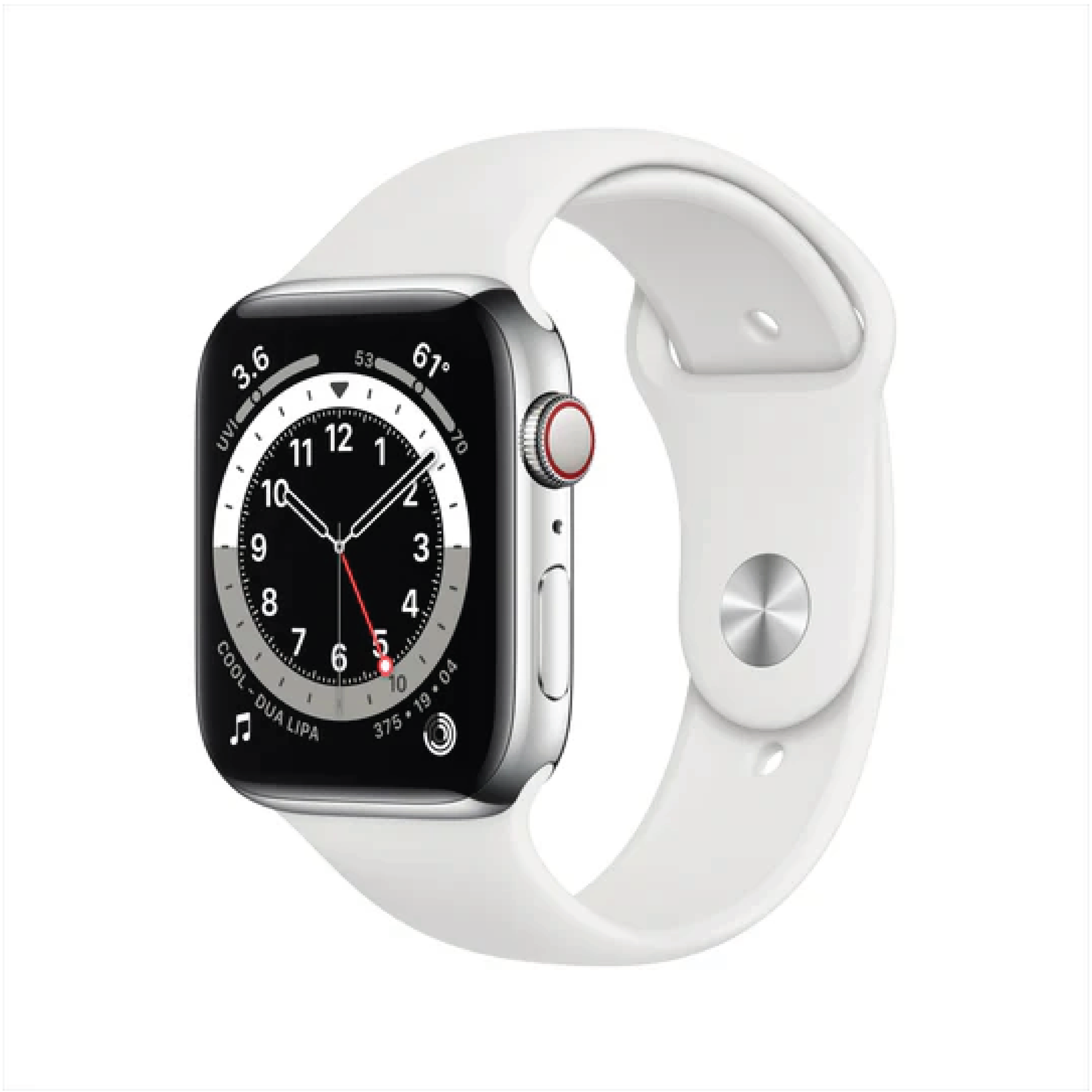ساعة Apple Watch Series 6 GPS + Cellular مقاس 44mm بإطار من الفولاذ المقاوم للصدأ لون Silver وسوار Sport Band | اللون الأبيض – المقاس العادي.
