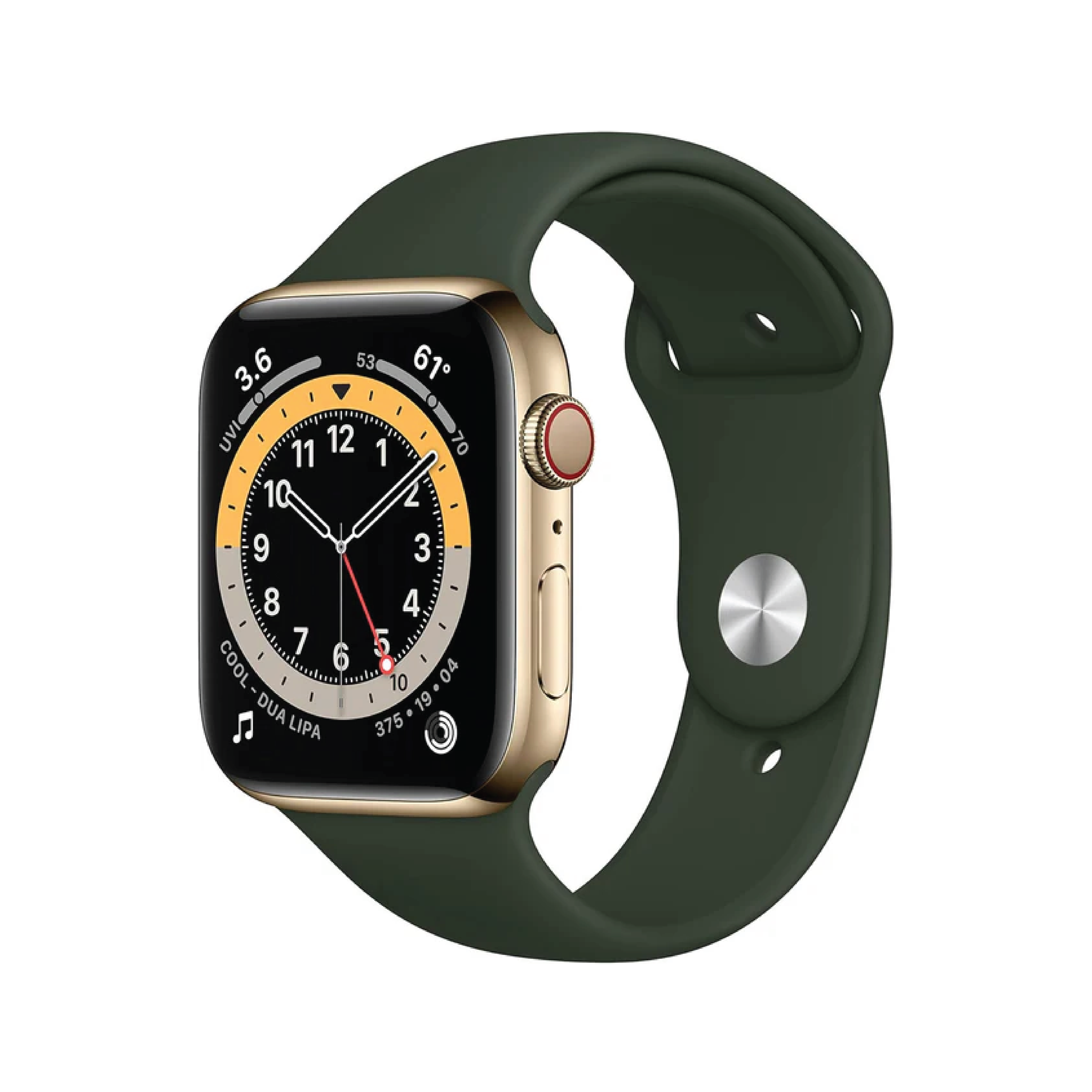 Apple Watch Series 6 GPS + Cellular, 44mm Gold Stainless Steel Case with Cyprus Green Sport Band - Regular