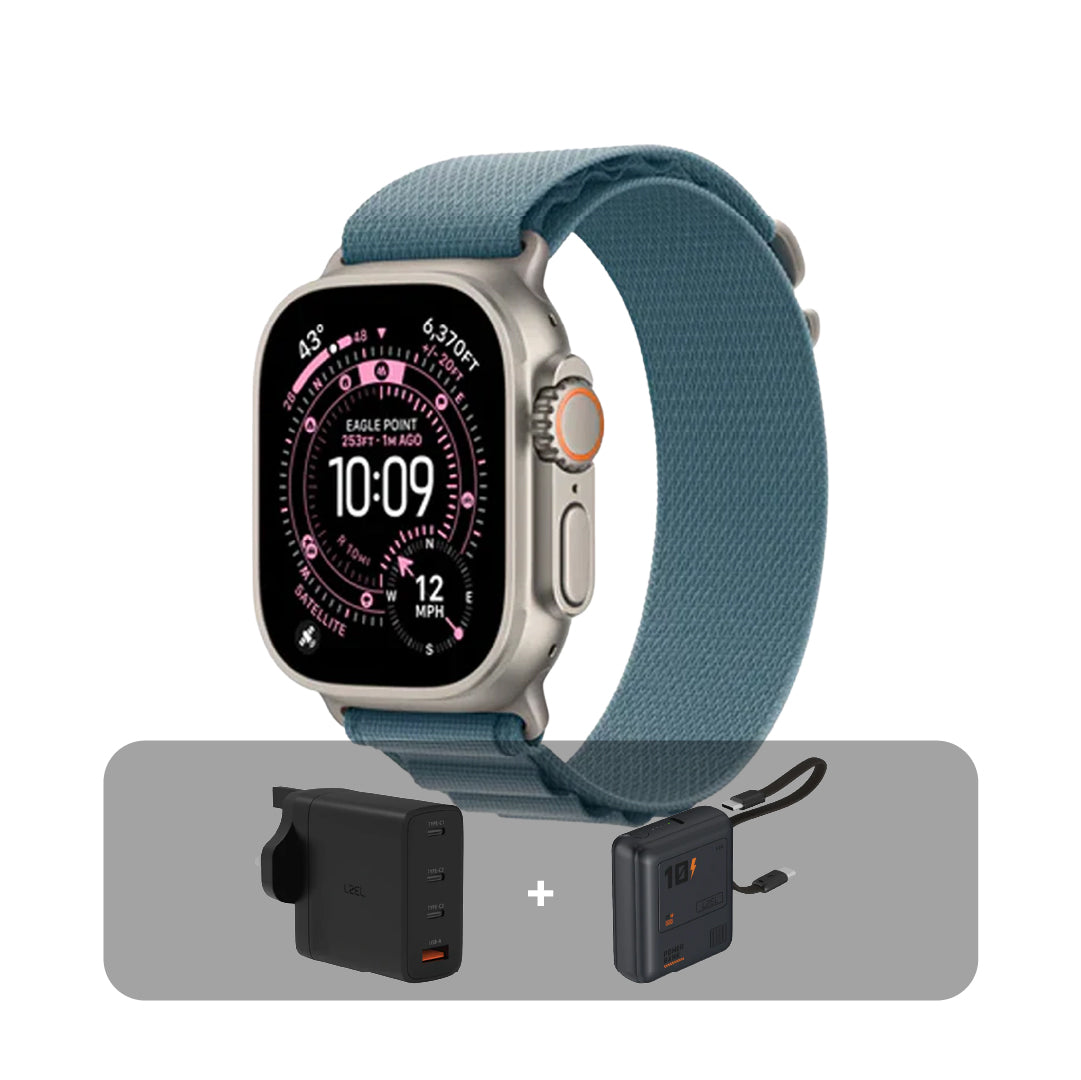 Apple Watch Ultra 3 (2025) – GPS + Cellular, 49mm Natural Titanium Case, Alpine Band + Bundle Offer | Light Blue (Size M)