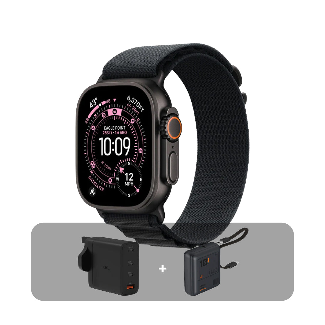 ساعة Apple Ultra 3 (2025) GPS + Cellular، مقاس 49 ملم - بهيكل من التيتانيوم الأسود - وسوار Alpine Loop أسود | L + عرض الباندل