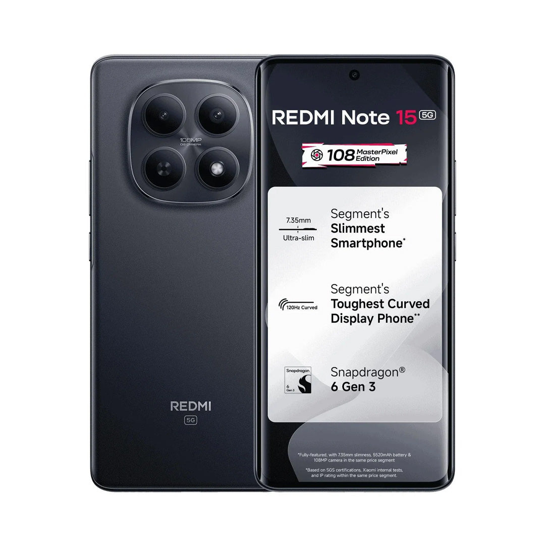 هاتف شاومي ريدمي نوت 15 5G بمعالج سناب دراجون، 8 جيجابايت رام، 256 جيجابايت تخزين، شاشة AMOLED بحجم 6.77 بوصة | أسود