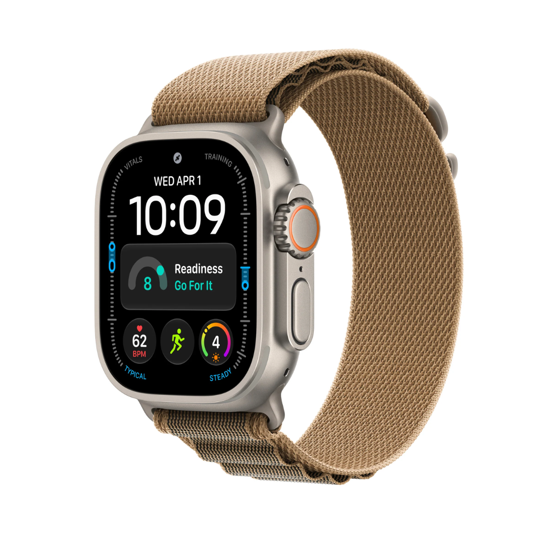 ساعة Apple Watch Ultra 4 GPS + Cellular مقاس 49 مم - هيكل من التيتانيوم الطبيعي مع سوار Alpine Loop صحراوي مقاس L