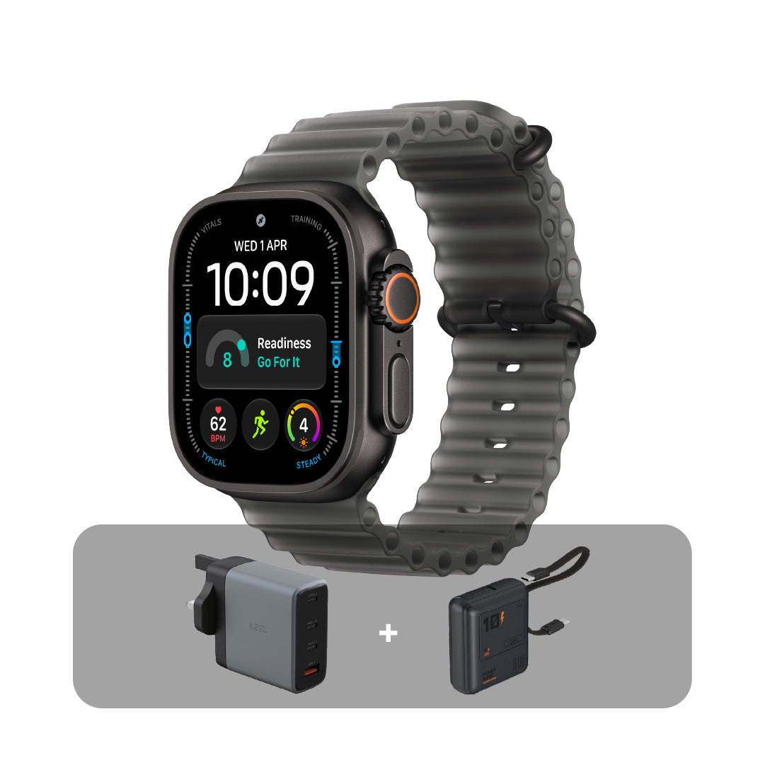 ساعة Apple Watch Ultra 4 GPS + Cellular مقاس 49 مم - هيكل من التيتانيوم الأسود مع سوار Ocean أسود شفاف + عرض الباندل