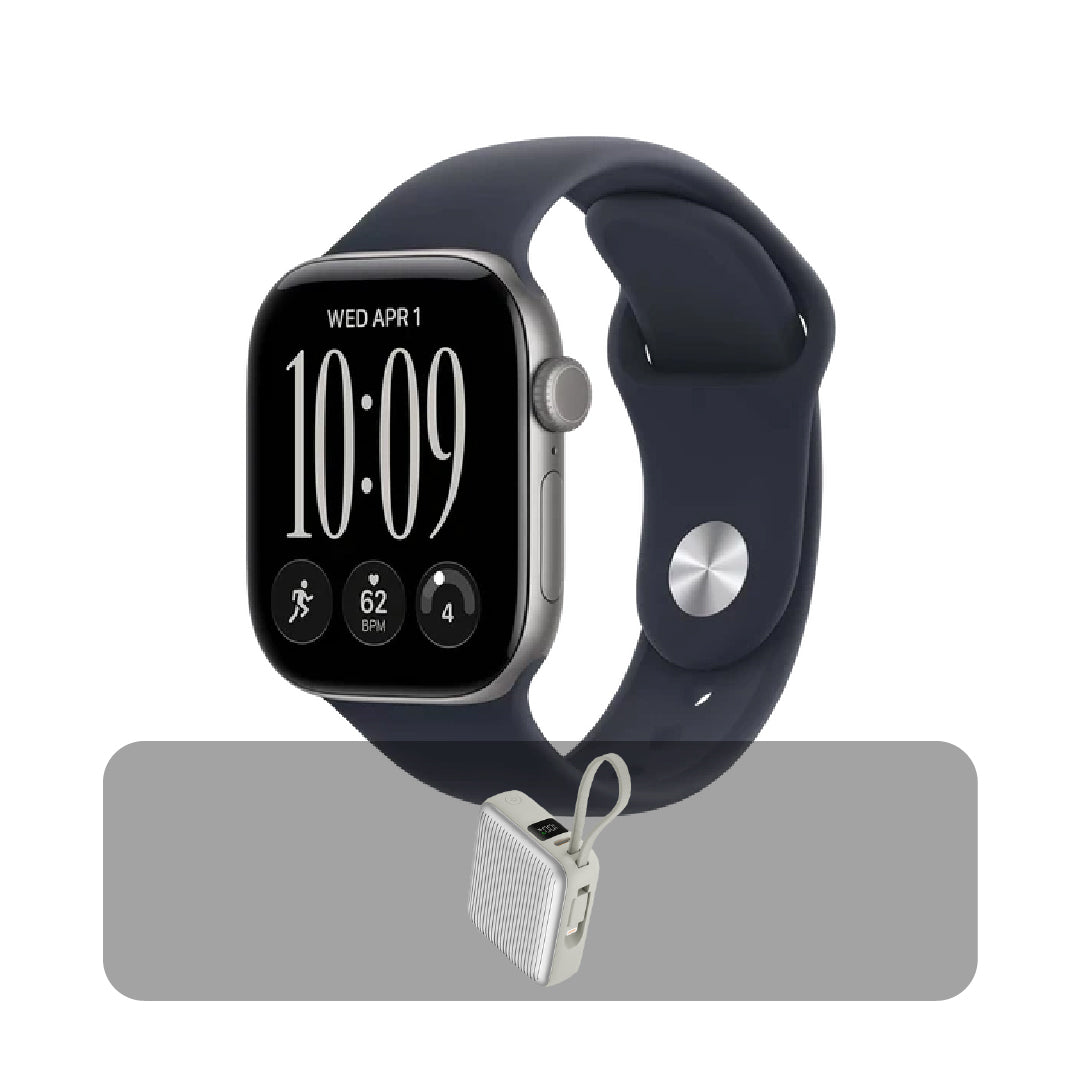 ساعه Apple Watch Series 12 - GPS - مقاس 42 مم - رمادي داكن مع سوار رياضي كحلي مقاس M/L + عرض الباندل