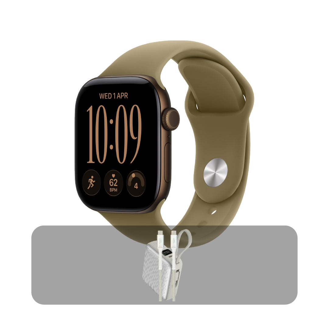 ساعة Apple Watch Series 12 GPS مقاس 46 مم - برونزي داكن مع سوار رياضي زيتي M/L + عرض الباندل 