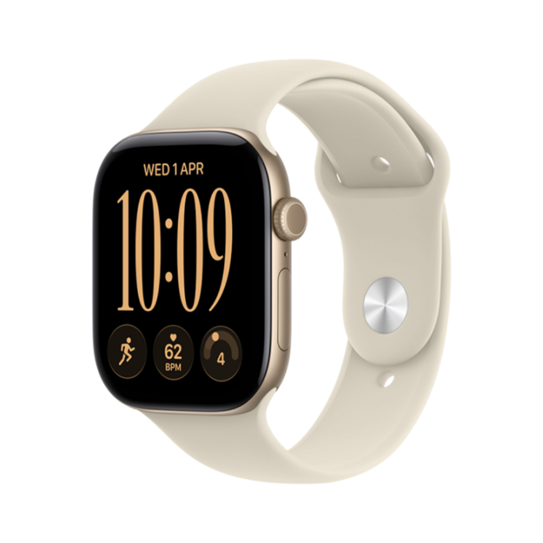 ساعة Apple Watch Series 12 GPS مقاس 46 مم - هيكل ألومنيوم ذهبي فاتح مع سوار رياضي رملي - M/L