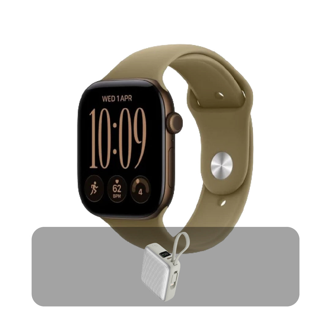 ساعة Apple Watch Series 12 GPS مقاس 46 مم - برونزي داكن مع سوار رياضي زيتي M/L + عرض الباندل 