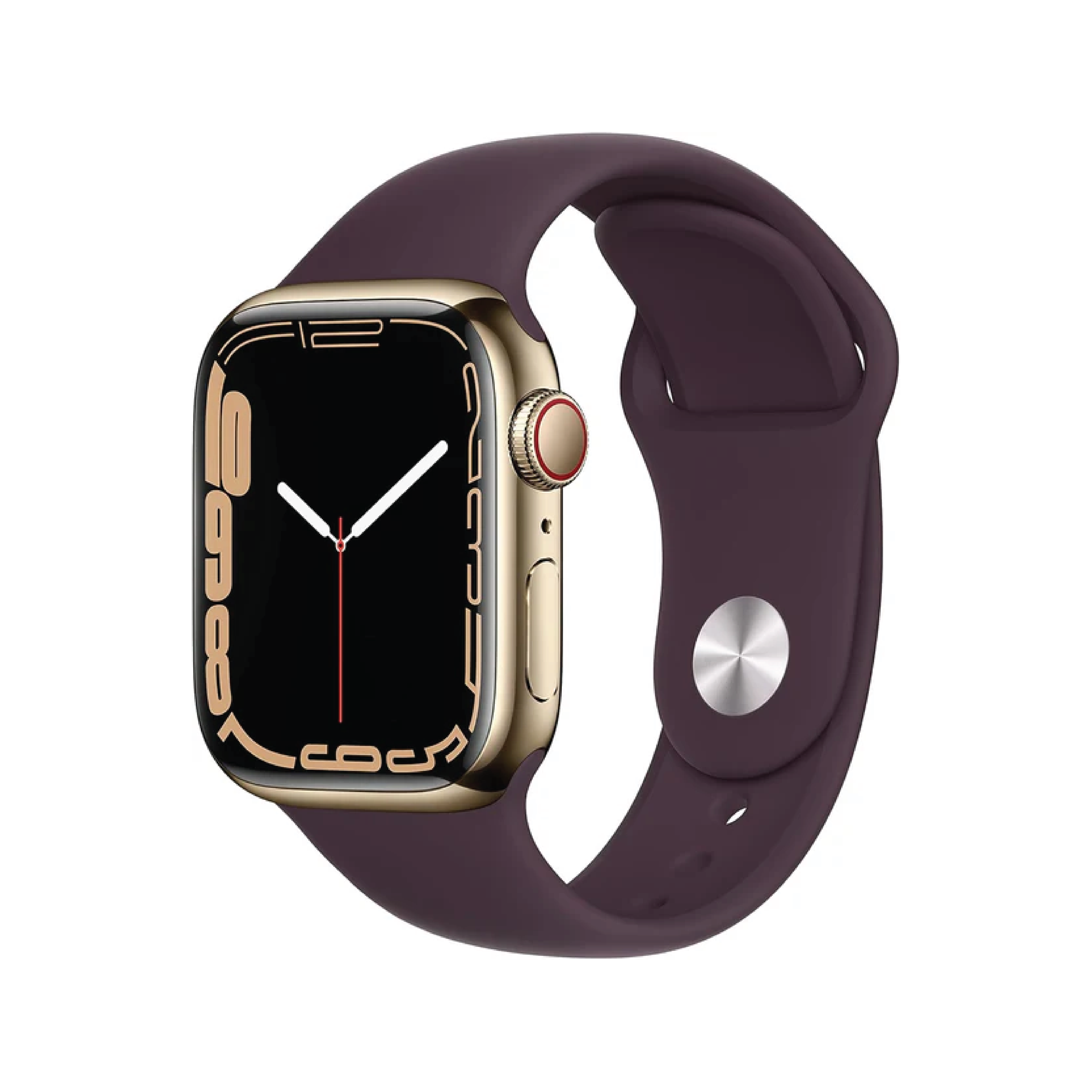 Apple Watch Series 7 GPS + Cellular, 41mm Gold Stainless Steel Case with Dark Cherry Sport Band - Regular