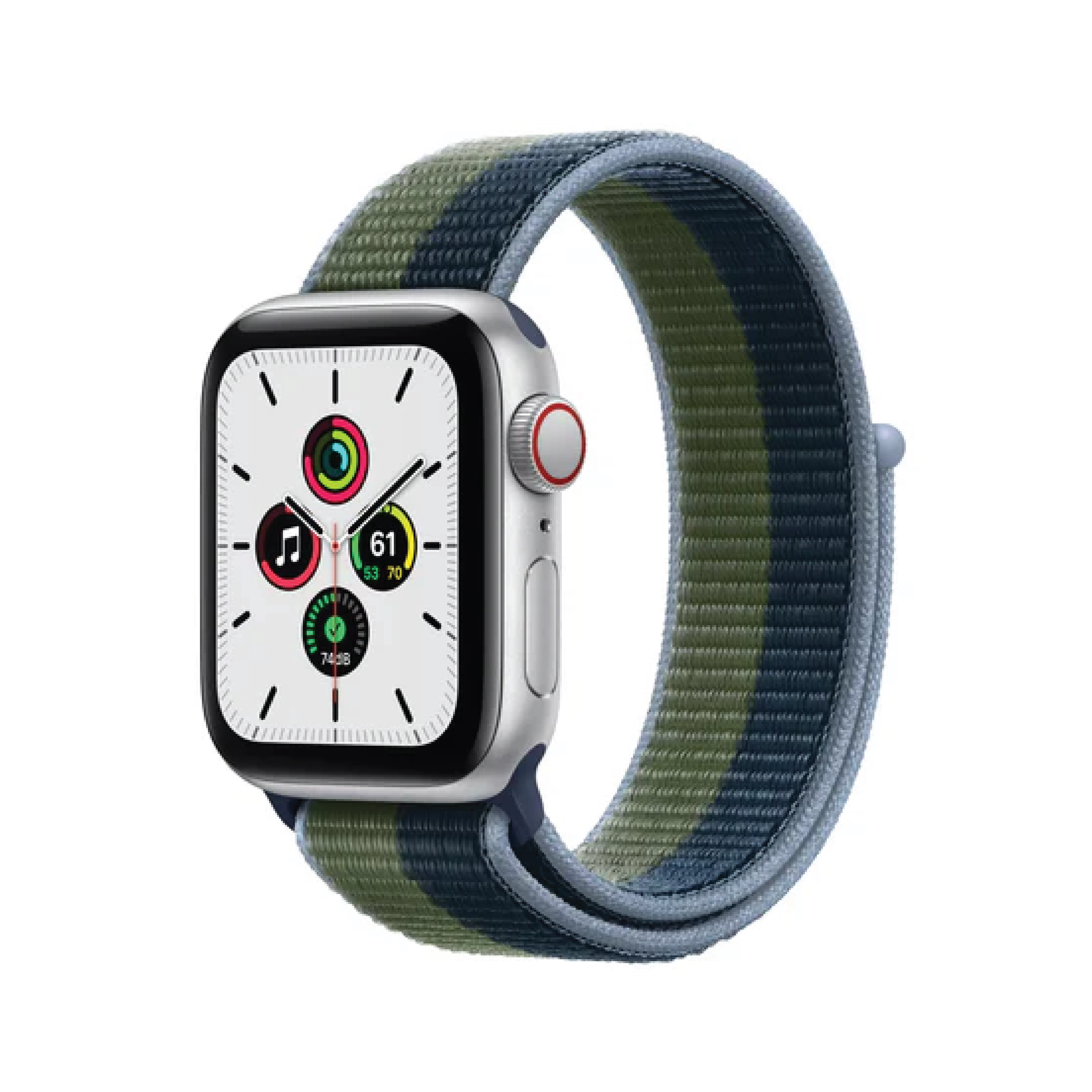 ساعة Apple SE - GPS + Cellular - مقاس 40 ملم - بهيكل من الألومنيوم الفضي مع سوار Sport Loop بلون Abyss Blue/Moss Green