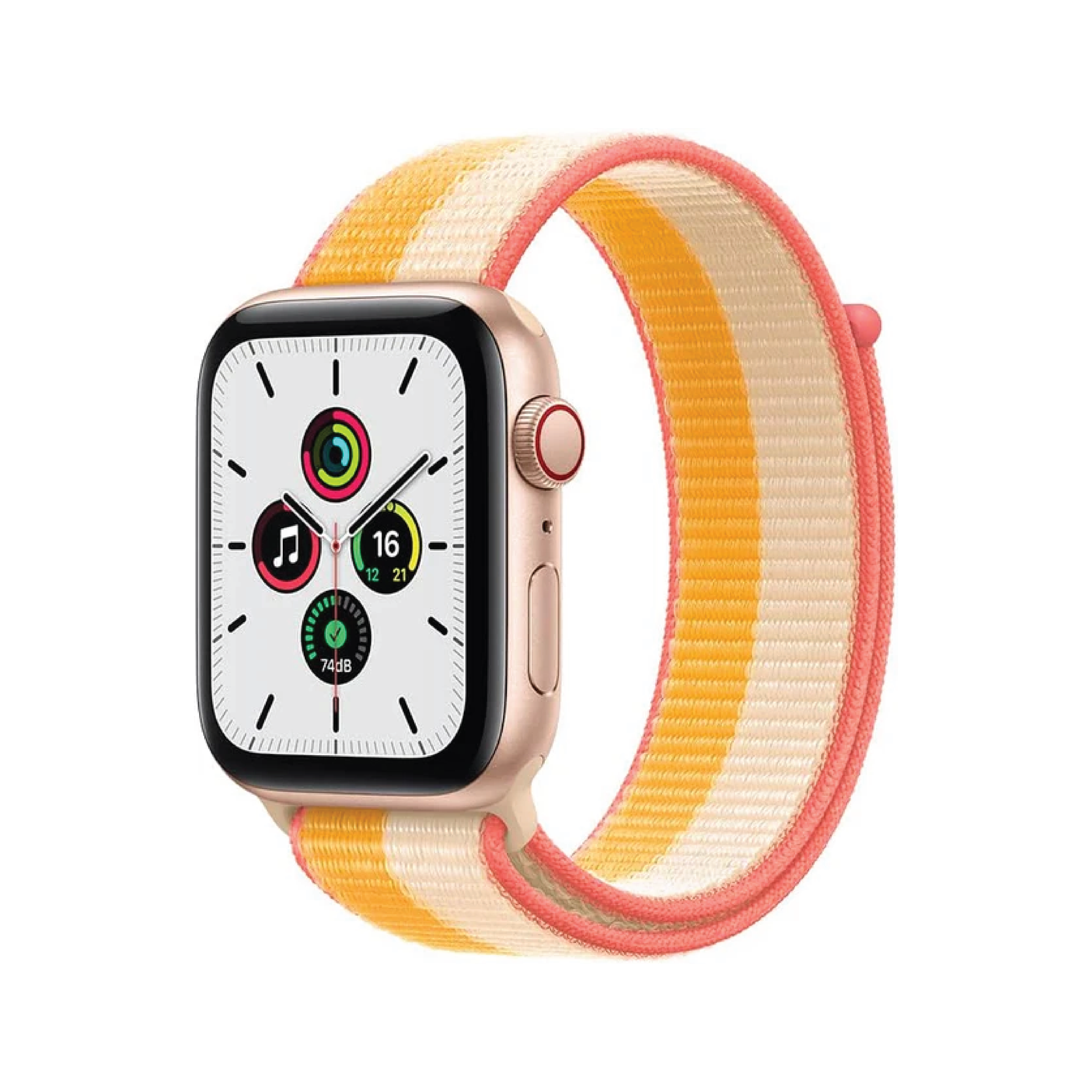 ساعة Apple SE - GPS + Cellular - مقاس 44 ملم - بهيكل من الألومنيوم الذهبي مع سوار Sport Loop بلون Maize/أبيض
