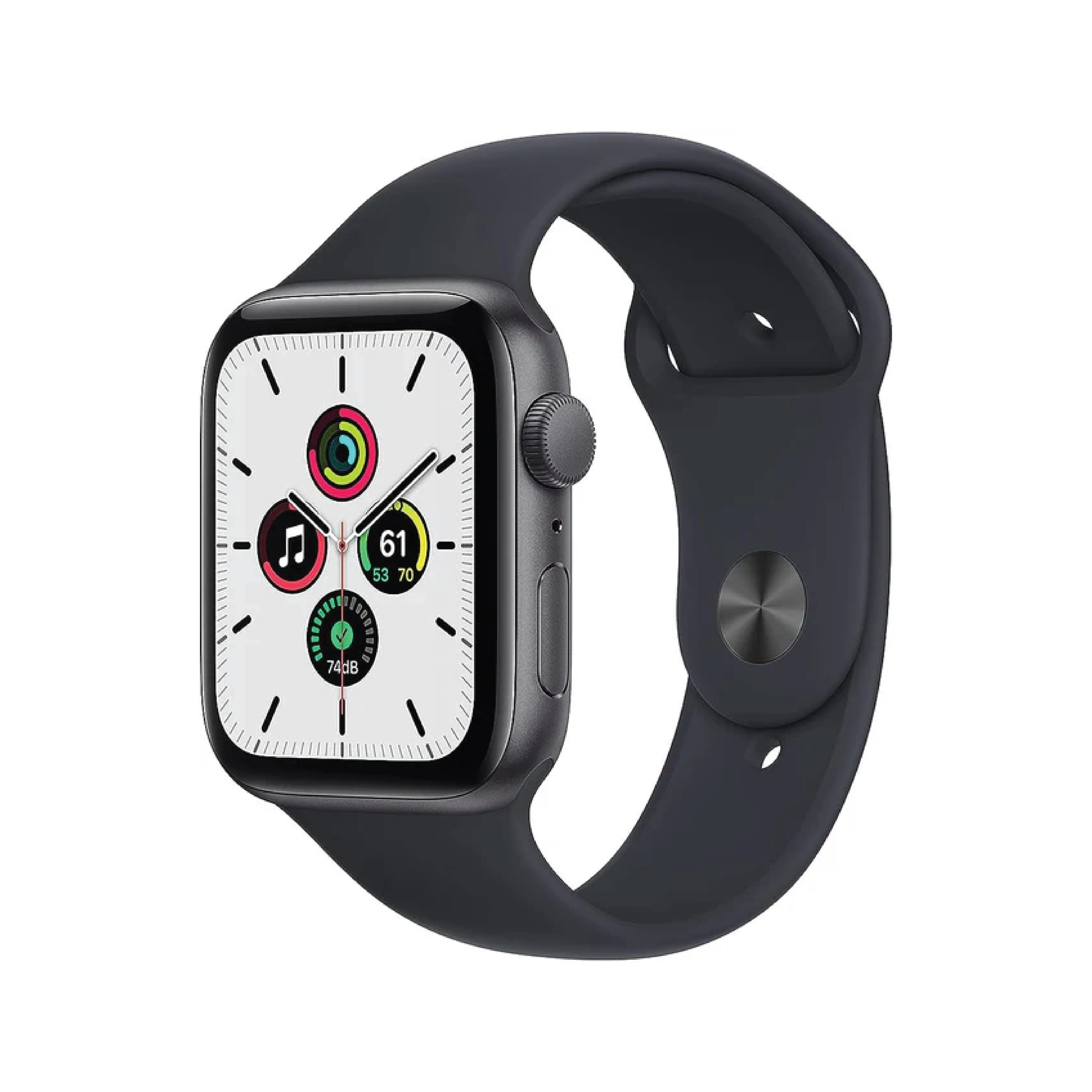 ساعة Apple Watch SE GPS + Cellular مقاس 44mm بإطار من الألومنيوم لون Space Grey وسوار Sport Band ب| للون Midnight – المقاس العادي.
