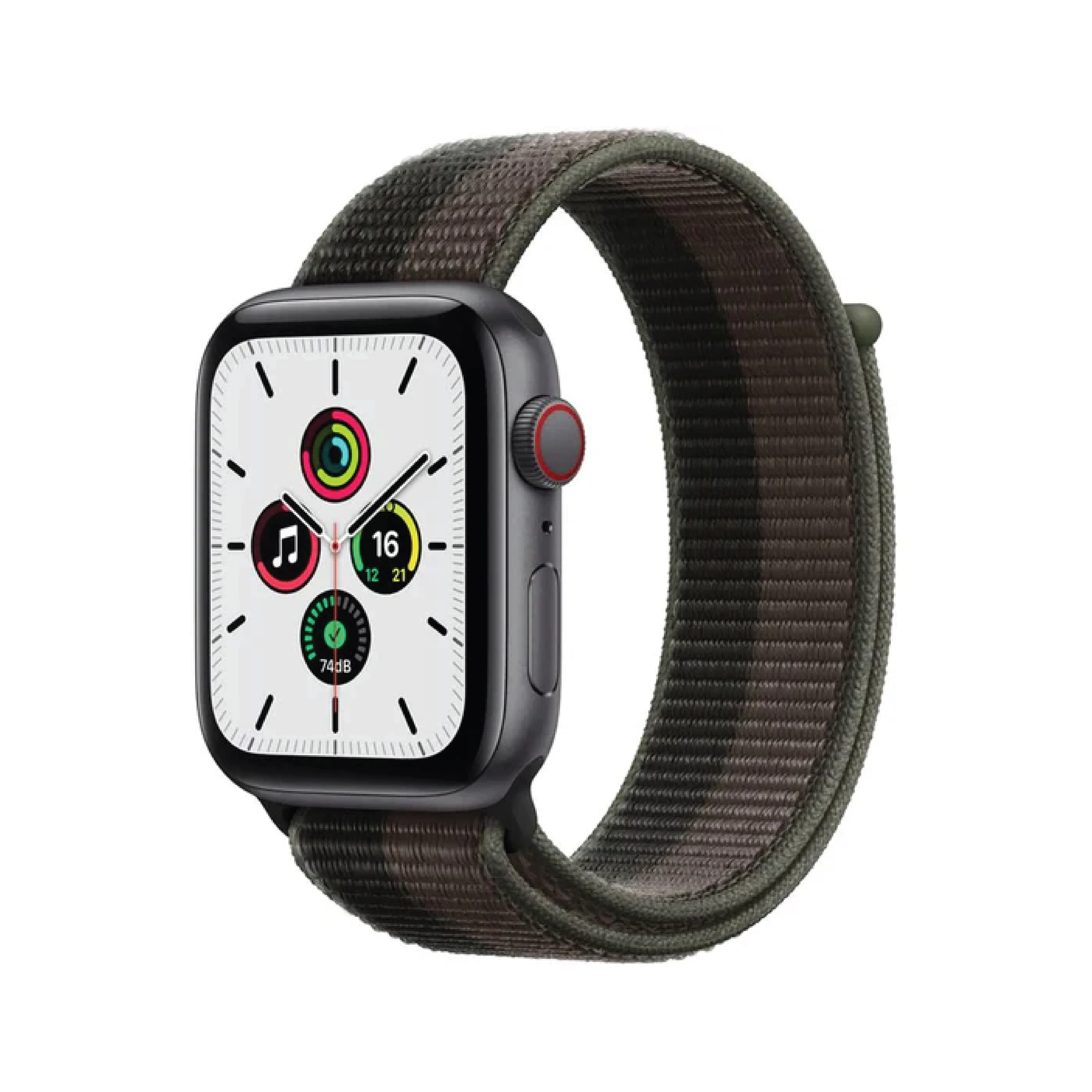 ساعة Apple Watch SE GPS + Cellular مقاس 44mm بإطار من الألومنيوم لون Space Grey وسوار Sport Loop | اللون Tornado/Grey.
