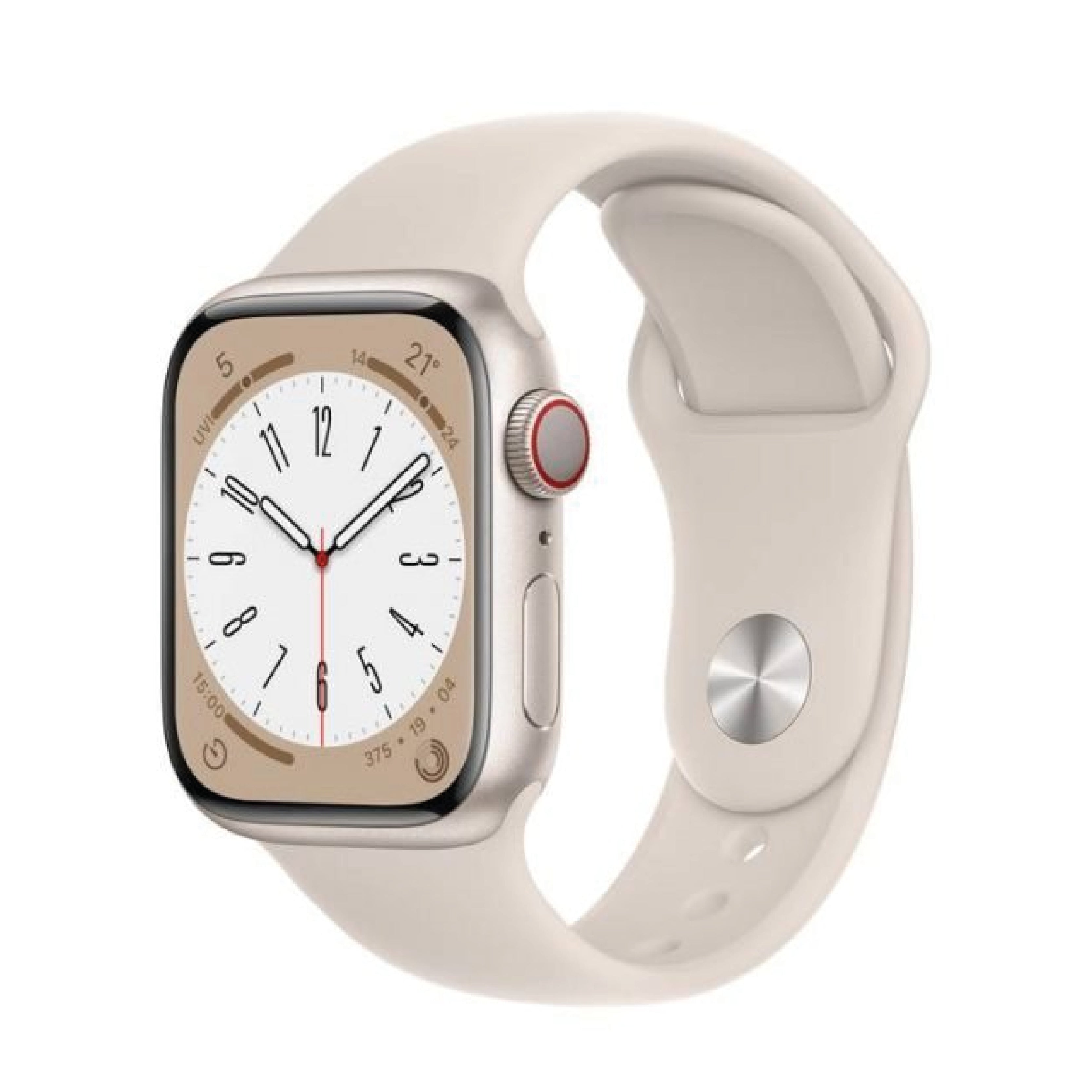 ساعة آبل واتش سيريس 8 GPS + Cellular مقاس 45 ملم بهيكل من الألومنيوم بلون Starlight مع سوار رياضي بلون Starlight - مقاس عادي (Regular)