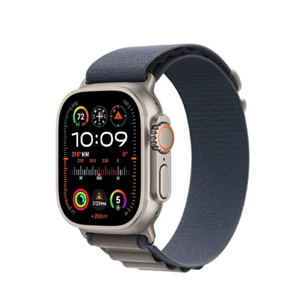 Apple Watch Ultra 2 GPS + Cellular، هيكل من التيتانيوم مقاس 49 ملم مع حلقة جبال الألب الزرقاء - متوسط ​​| MREP3AE/أ