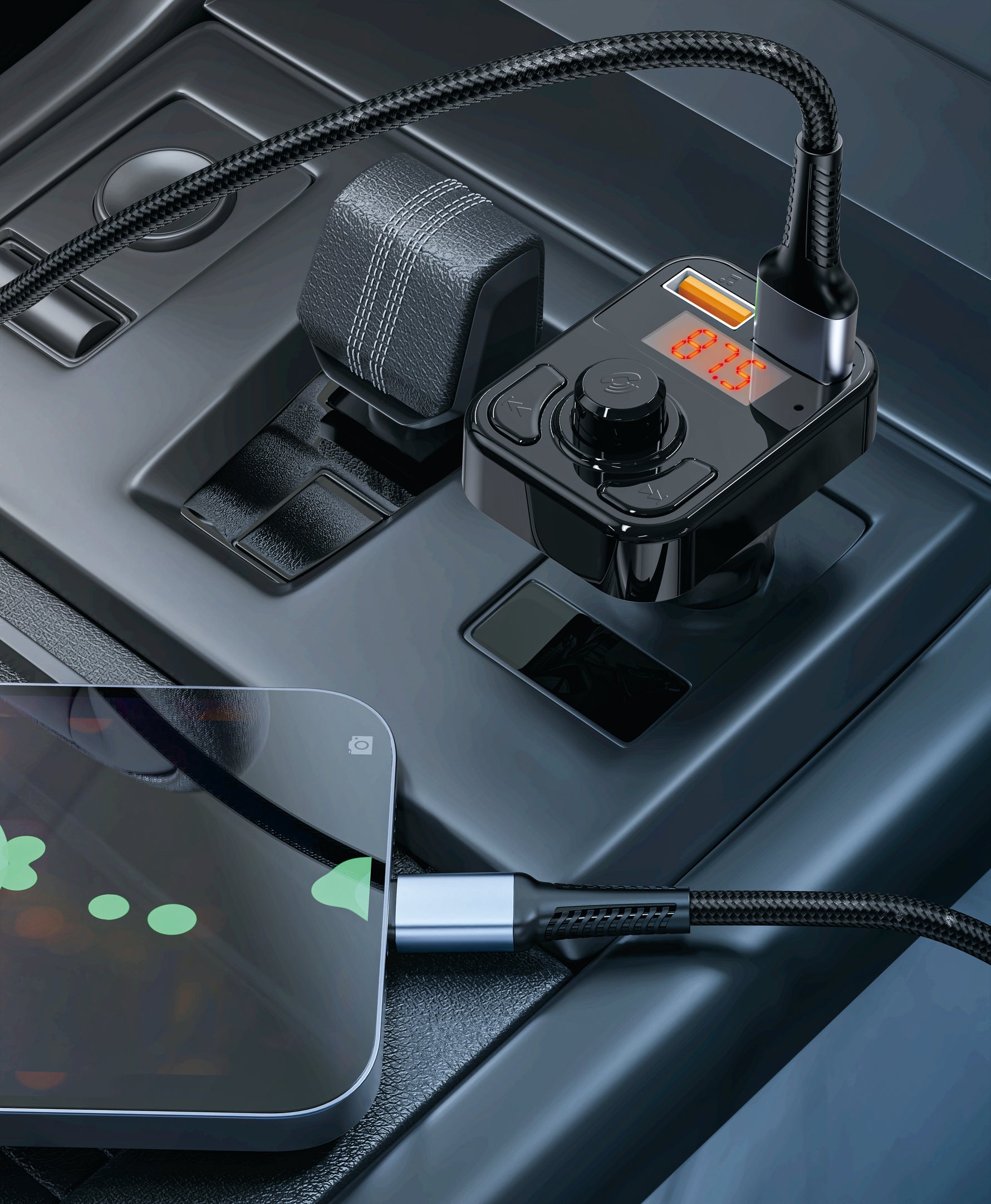 شاحن سيارة من 90 Percent MotoCharger FM – مع ناقل FM ومنفذين USB | أسود