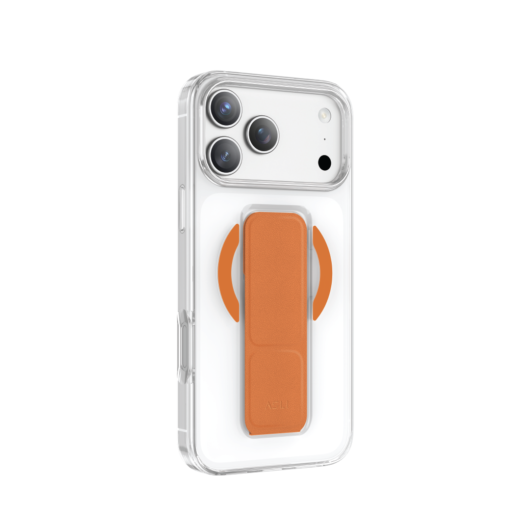 كڤر حماية شفاف MagTrox Gravitas من أسلي جلوبال متوافق مع MagSafe مع مسكة جلد أنيقة لهاتف iPhone 17 Pro Max | برتقالي تيتانيوم