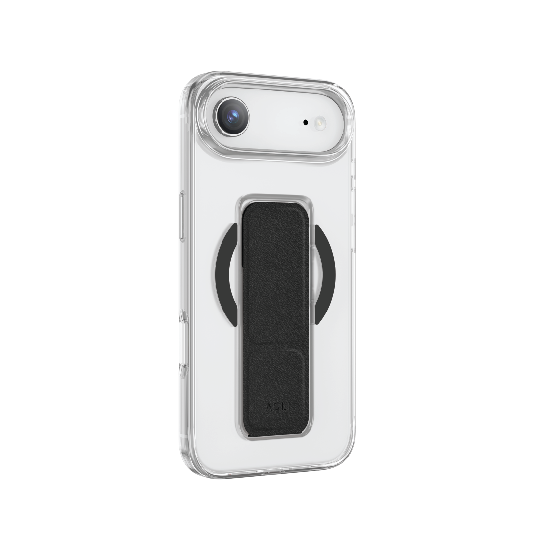 كڤر حماية شفاف MagTrox Gravitas من أسلي جلوبال متوافق مع MagSafe مع مسكة جلد أنيقة لهاتف iPhone Air | أسود