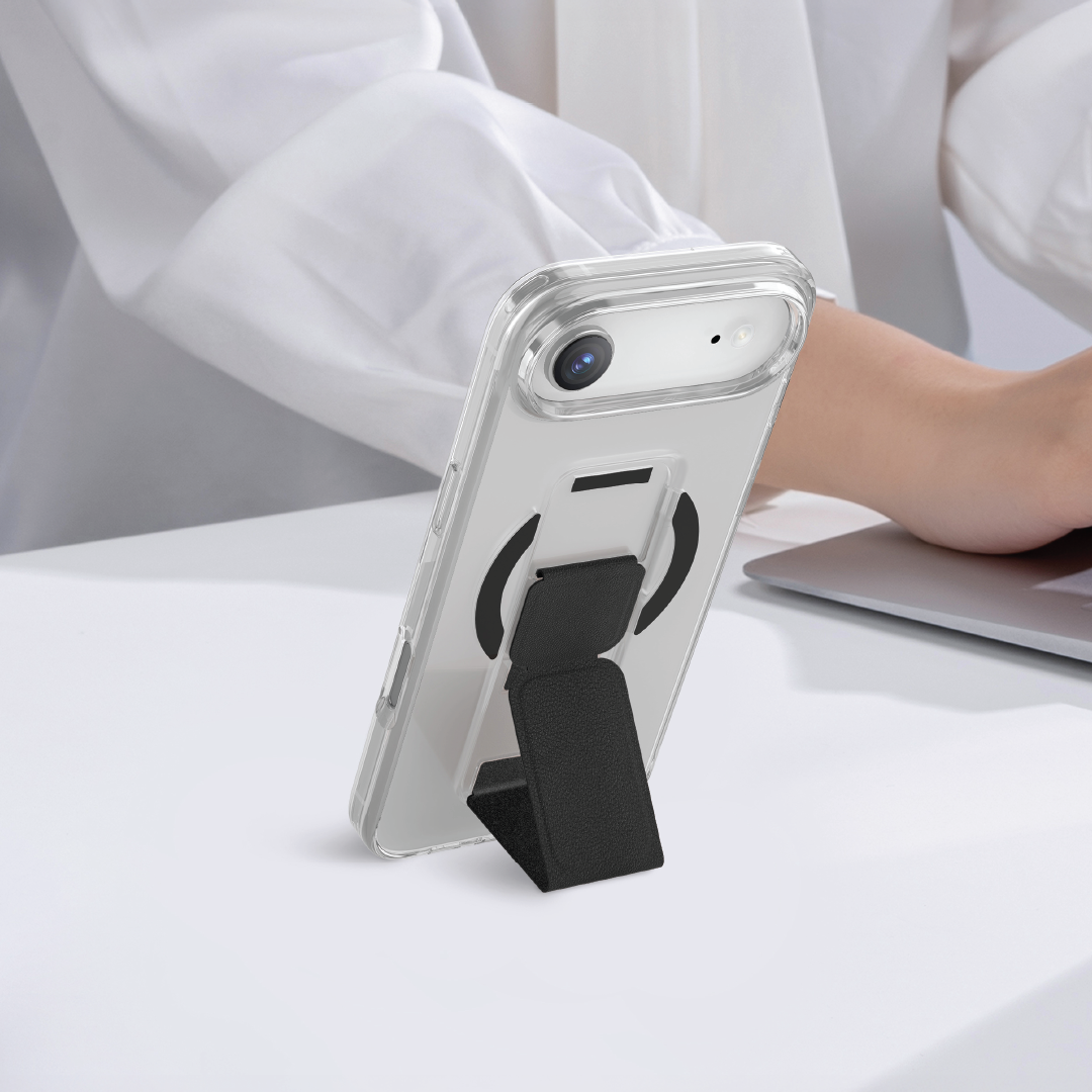 كڤر حماية شفاف MagTrox Gravitas من أسلي جلوبال متوافق مع MagSafe مع مسكة جلد أنيقة لهاتف iPhone Air | أسود