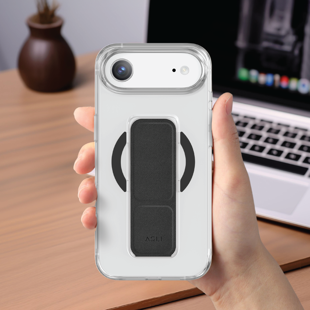 كڤر حماية شفاف MagTrox Gravitas من أسلي جلوبال متوافق مع MagSafe مع مسكة جلد أنيقة لهاتف iPhone Air | أسود