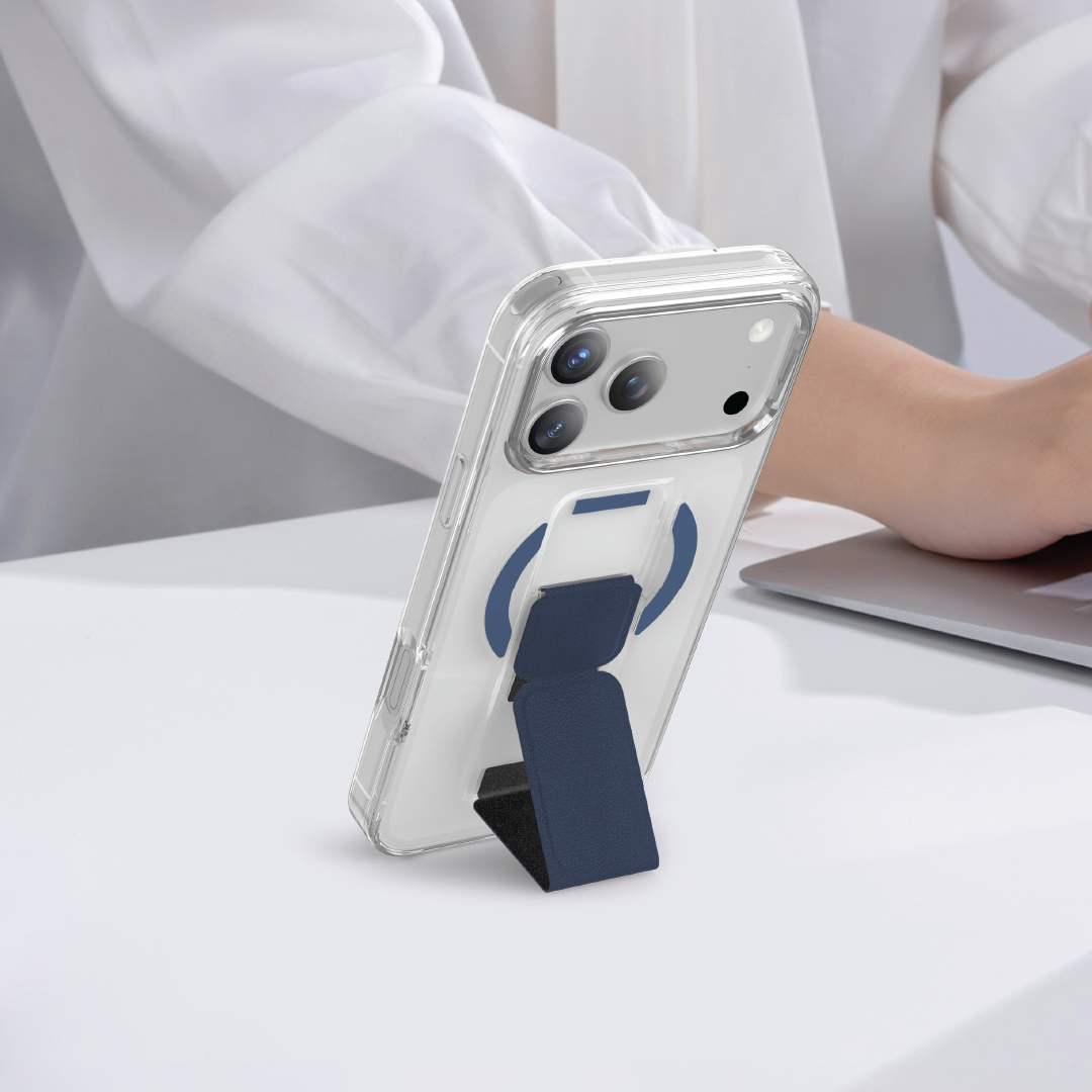 Asli Global MagTrox Gravitas Transparent with Leather Grip MagSafe Case for iPhone 17 Pro | Blue Titanium