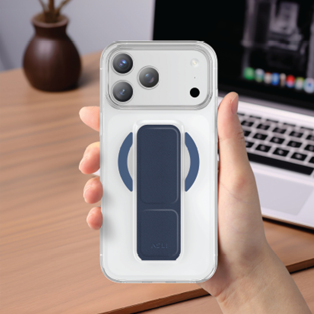 Asli Global MagTrox Gravitas Transparent with Leather Grip MagSafe Case for iPhone 17 Pro | Blue Titanium