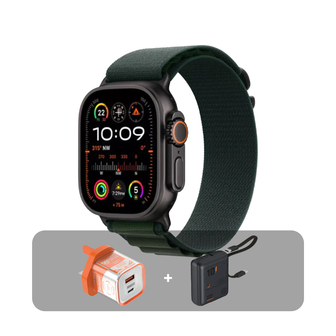 ساعة آبل واتش ألترا 2 (2024) - مقاس 49 ملم - GPS + Cellular - بهيكل من التيتانيوم الأسود - وسوار Alpine Loop مقاس كبير + عرض الباندل | أخضر داكن
