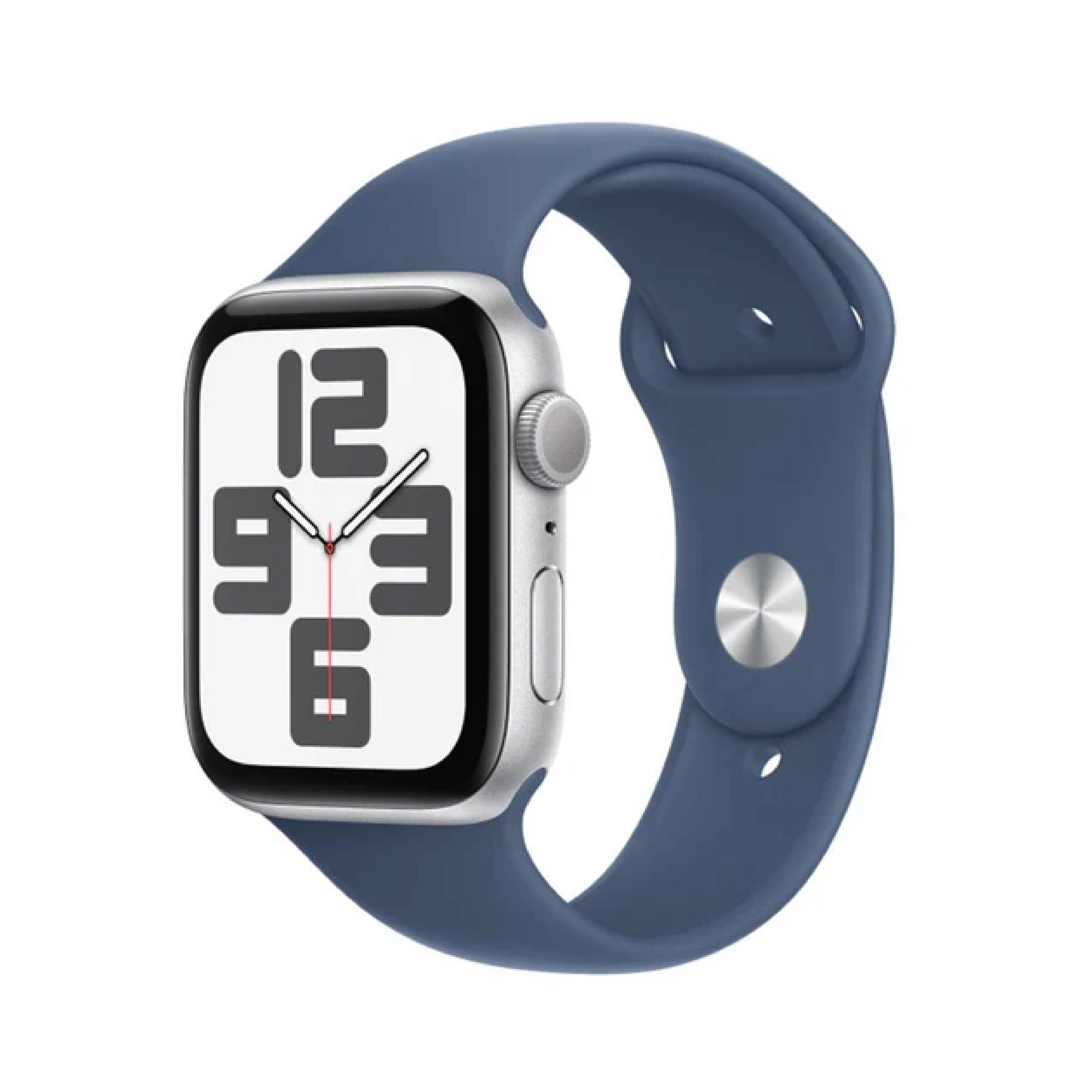 ساعة آبل واتش اس إي GPS مقاس 44 ملم - بهيكل من الألومنيوم الفضي مع سوار رياضي بلون Denim مقاس M/L