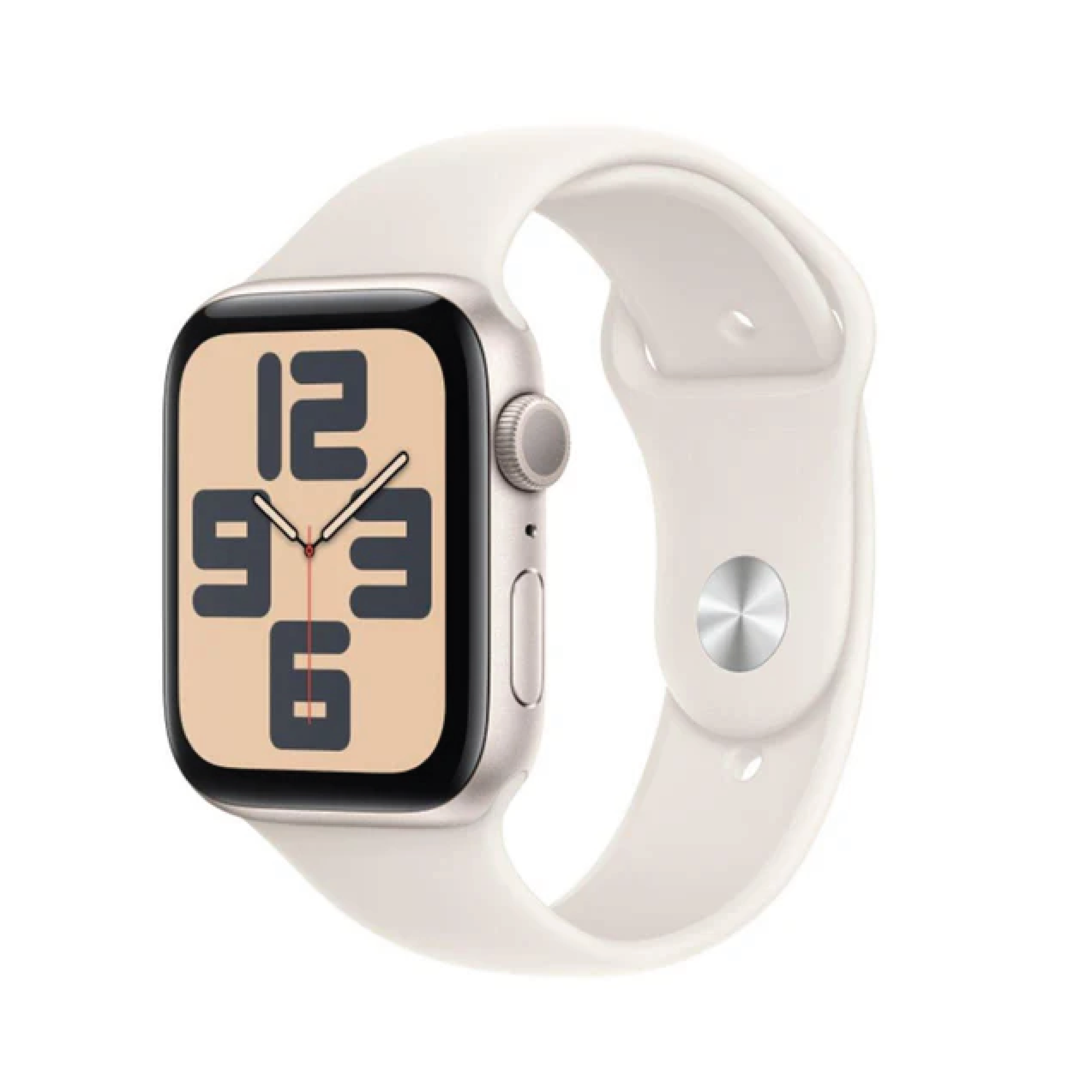 ساعة Apple SE GPS مقاس 44 ملم - بهيكل من الألومنيوم بلون Starlight مع سوار رياضي بلون Starlight مقاس M\L