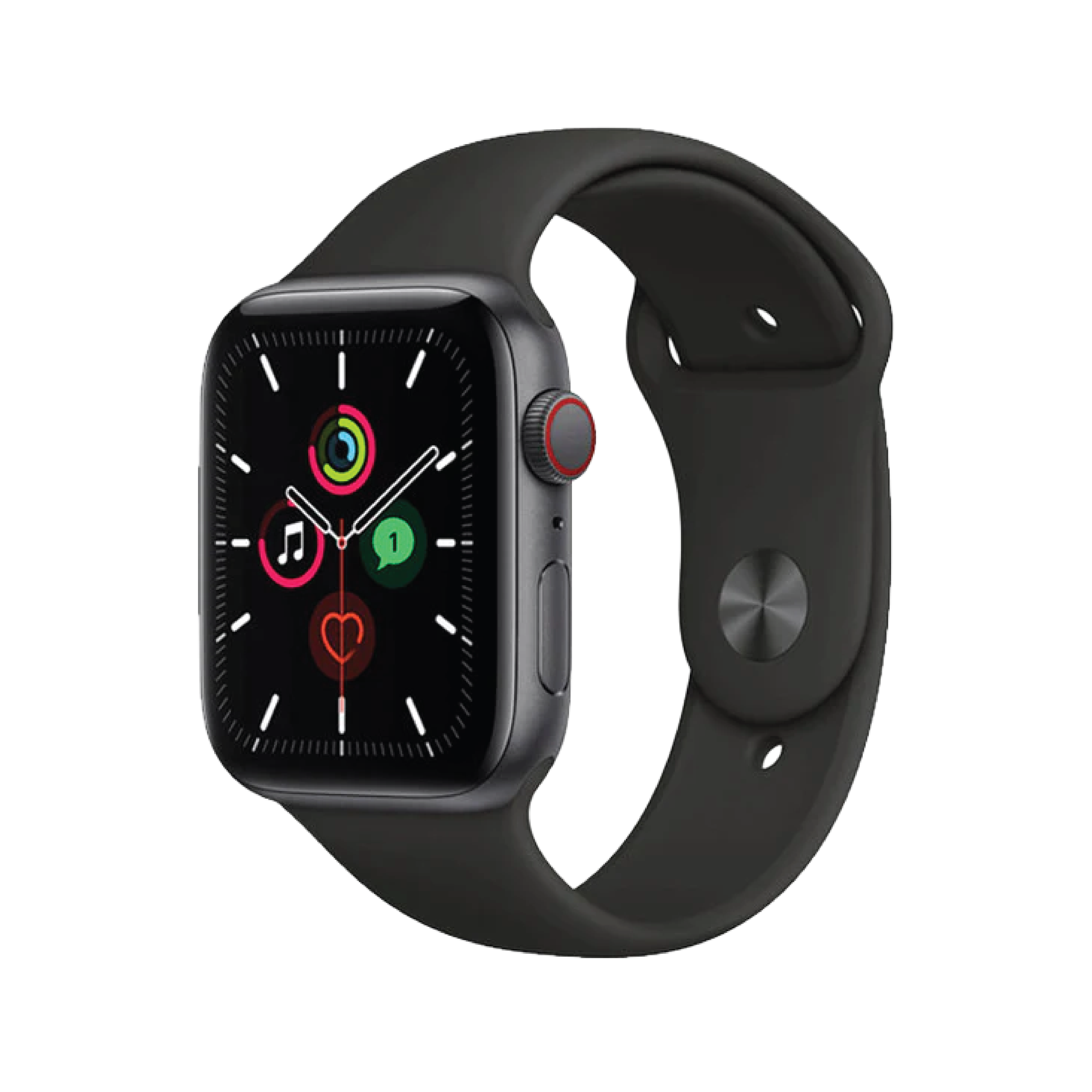 ساعة Apple Watch SE GPS + Cellular مقاس 44mm بإطار من الألومنيوم لون Space Gray وسوار Sport Band | اللون الأسود – المقاس العادي.
