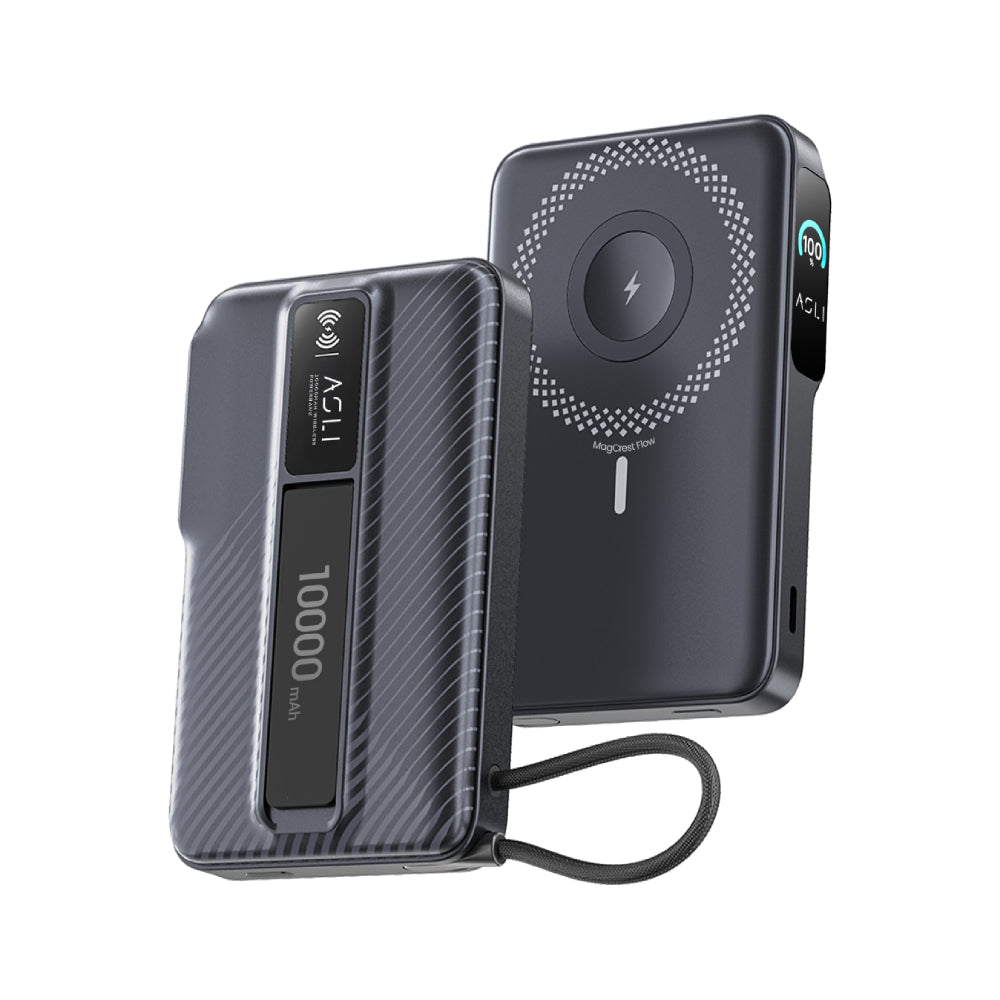 بطارية متنقلة Magcrest Flow من أسلي جلوبال 5 في 1 لاسلكي 10000 مللي أمبير بتقنية PD مع منفذي Type-C | أسود