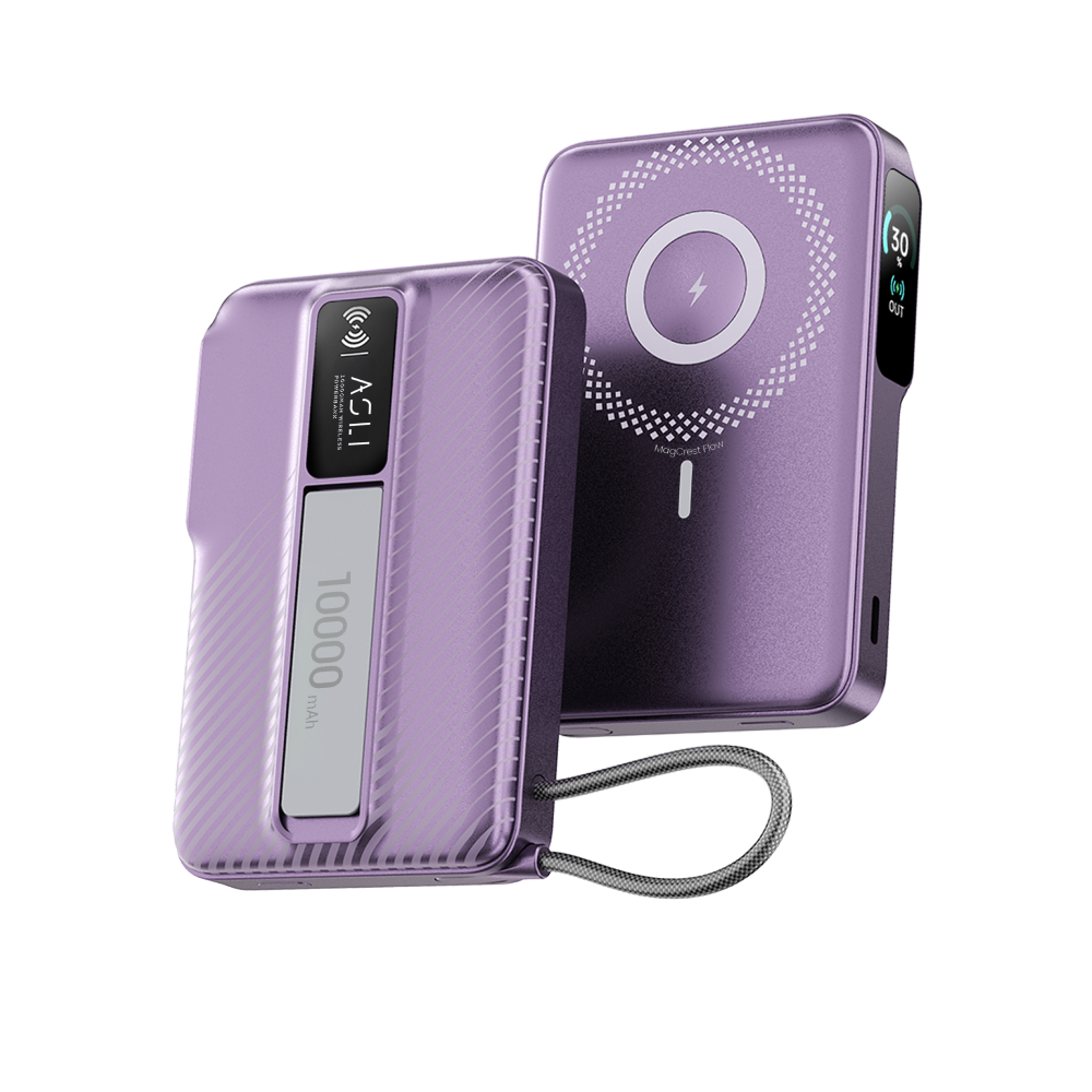 بطارية متنقلة Magcrest Flow من أسلي جلوبال 5 في 1 لاسلكي 10000 مللي أمبير بتقنية PD مع منفذي Type-C | بنفسجي