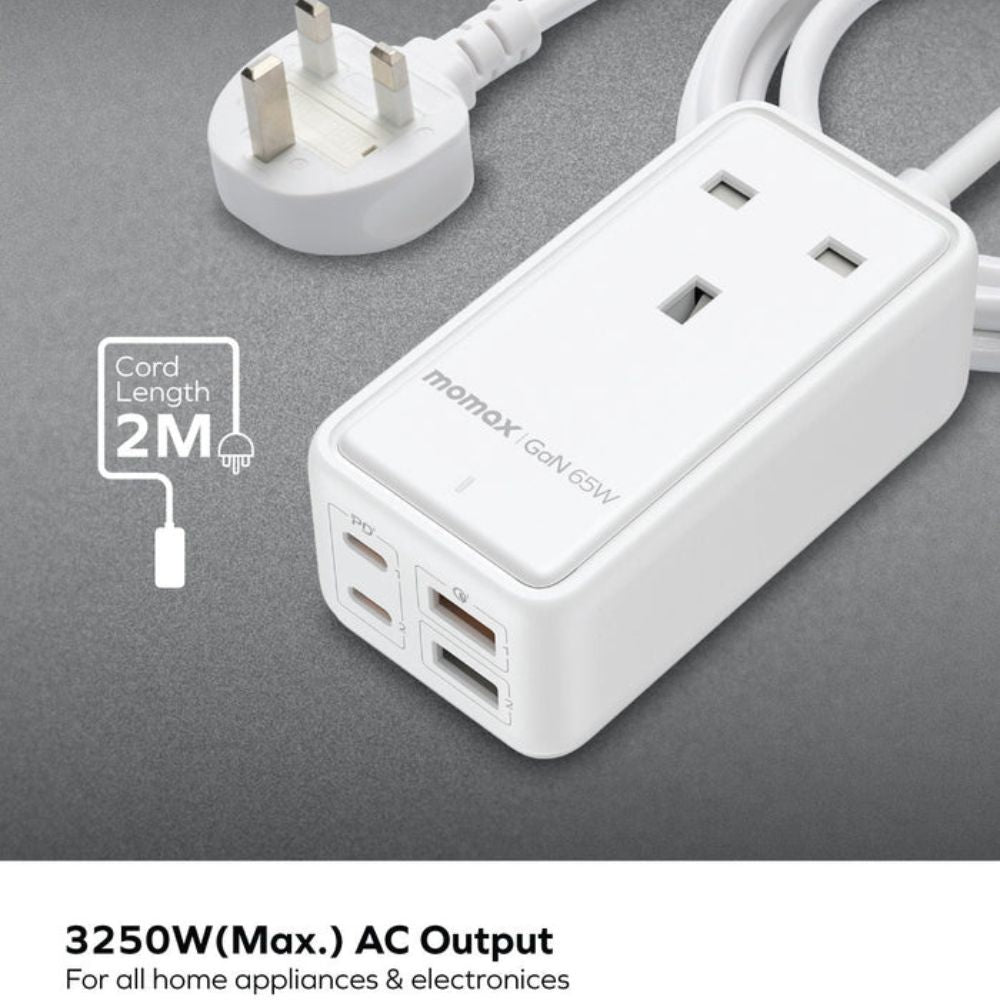 Momax ONEPLUG 65W GaN Extension Cord with USB Power Strip Grey | US15UK